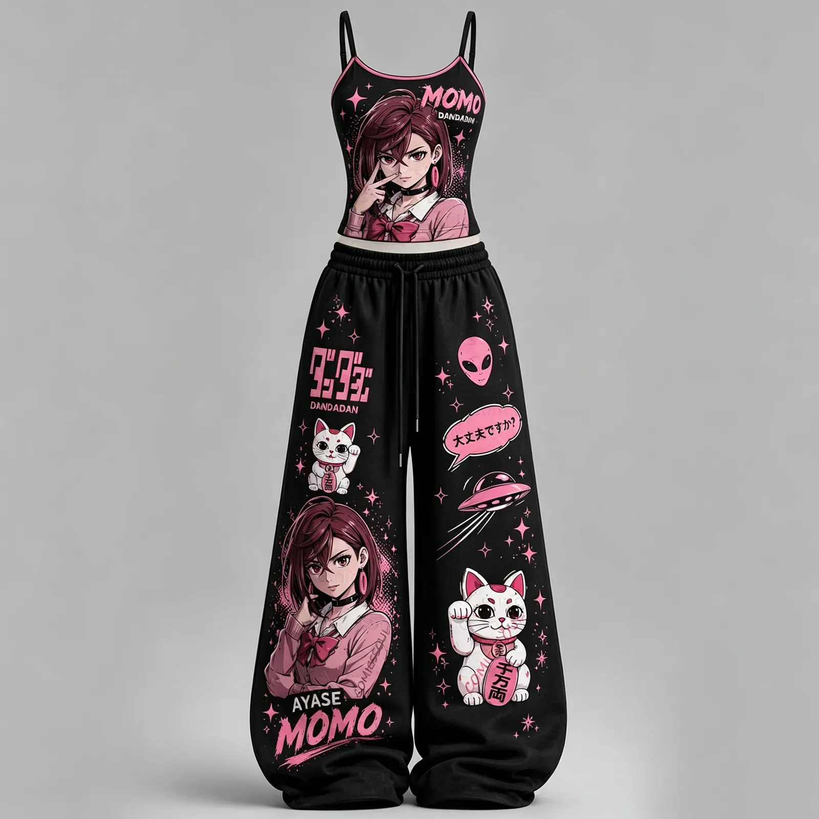 Dandadan Ayase Momo Cami Crop Top and Wide Leg Trousers Two-Piece Set, Women's Black and Pink Alien Lucky Cat Anime Lounge Outfit, Gift