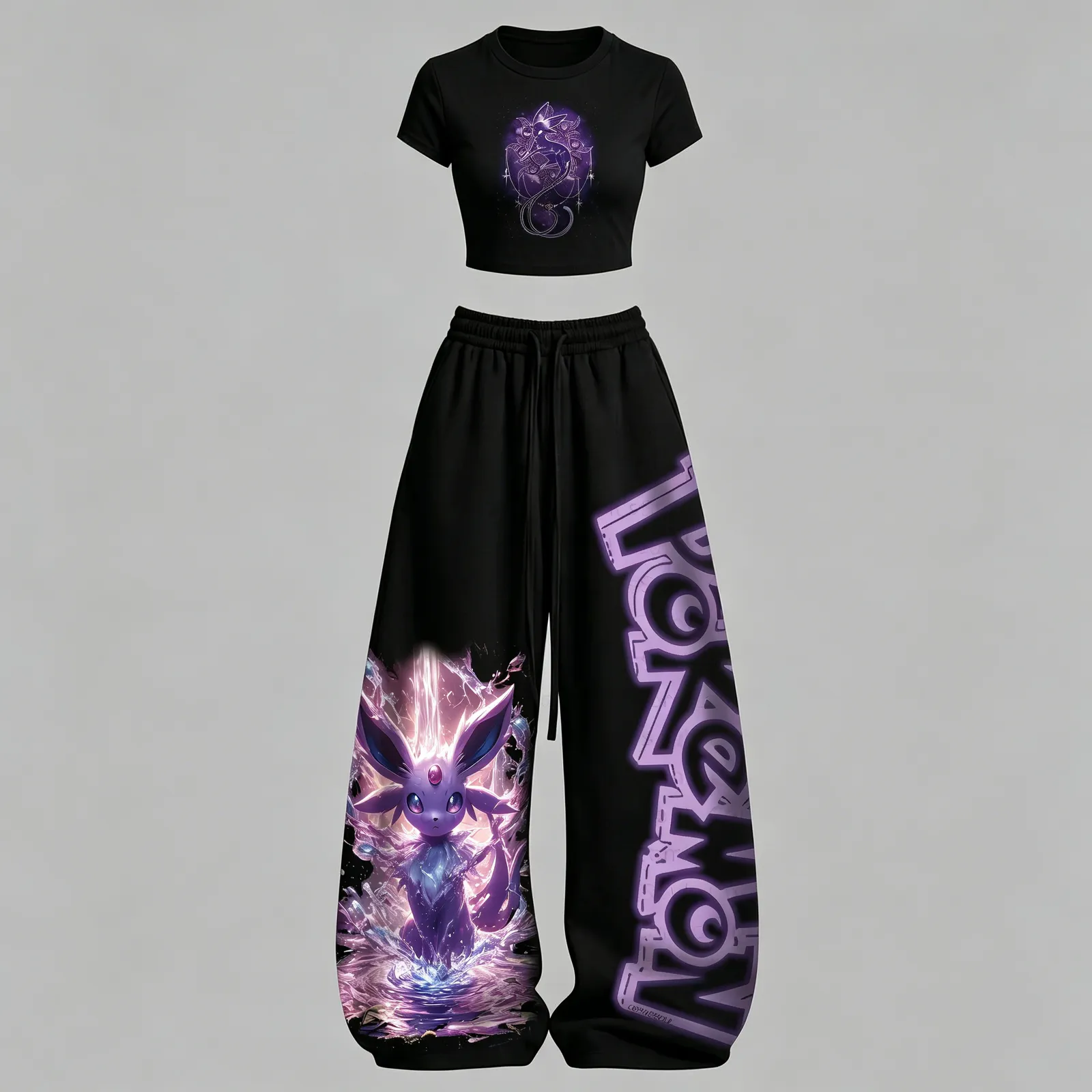 Pokémon Espeon Crop Tee and Wide Leg Trousers Two-Piece Set, Women's Black and Purple Psychic Eeveelution Lounge Outfit, Pokémon Fan Gift