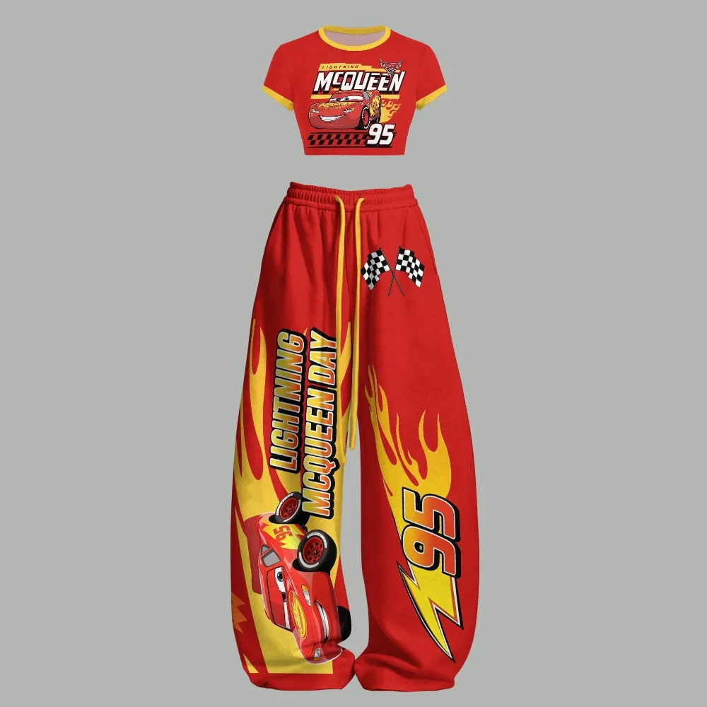 Cars Lightning McQueen 95 Women Crop Tee and Elasticated Wide Leg Trousers Two-Piece Set, Red and Yellow Racing Flames Kachow Lounge Outfit