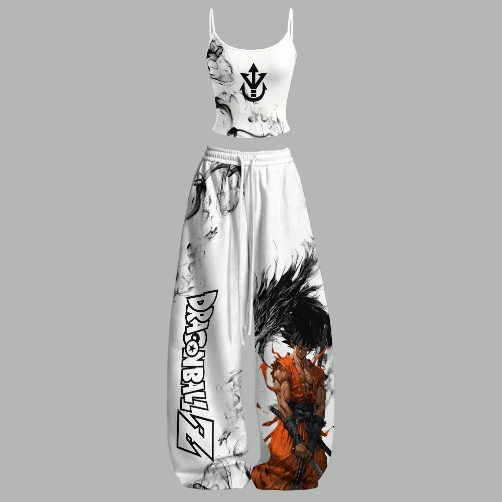Dragon Ball Z Goku Saiyan Royal Crest Cami Crop Top and Wide Leg Trousers Two-Piece Set, White Black Ink Smoke Anime Lounge Outfit for Women