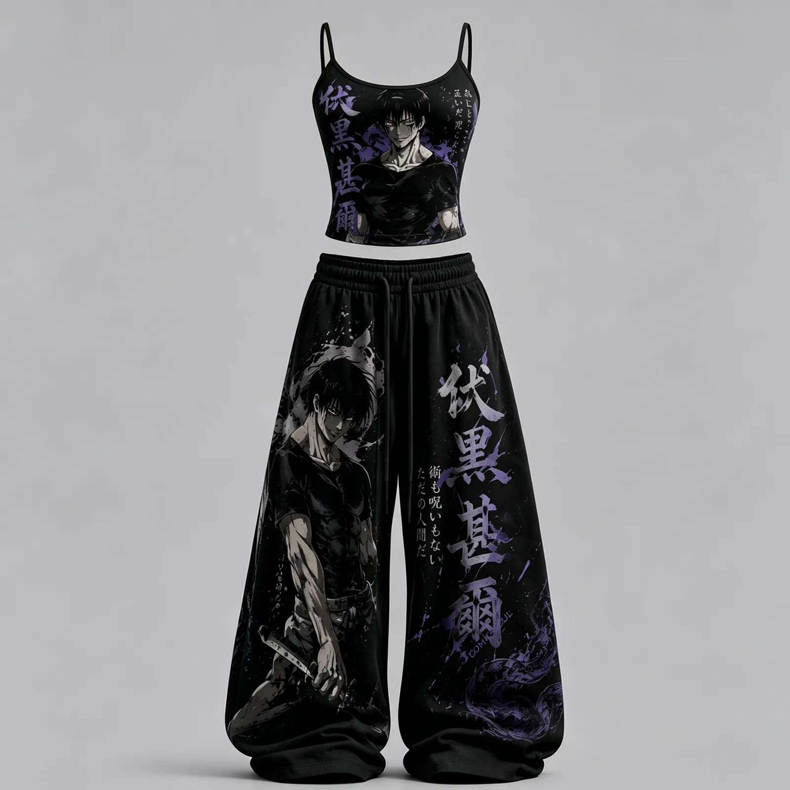 Jujutsu Kaisen Toji Fushiguro Cami Crop Top and Wide Leg Trousers Two-Piece Set, Women's Sorcerer Killer Anime Matching Black Lounge Outfit