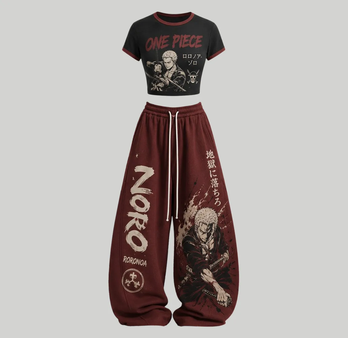 One Piece Roronoa Zoro Crop Tee and Wide Leg Trousers Two-Piece Set, Black and Burgundy Manga Ink Print, Women's Anime Matching Outfit
