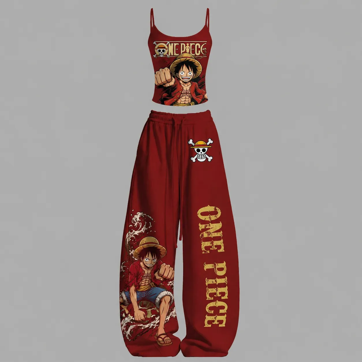 One Piece Monkey D. Luffy Cami Crop Top and Wide Leg Trousers Two-Piece Set, Women's Straw Hat Pirates Matching Anime Lounge Outfit