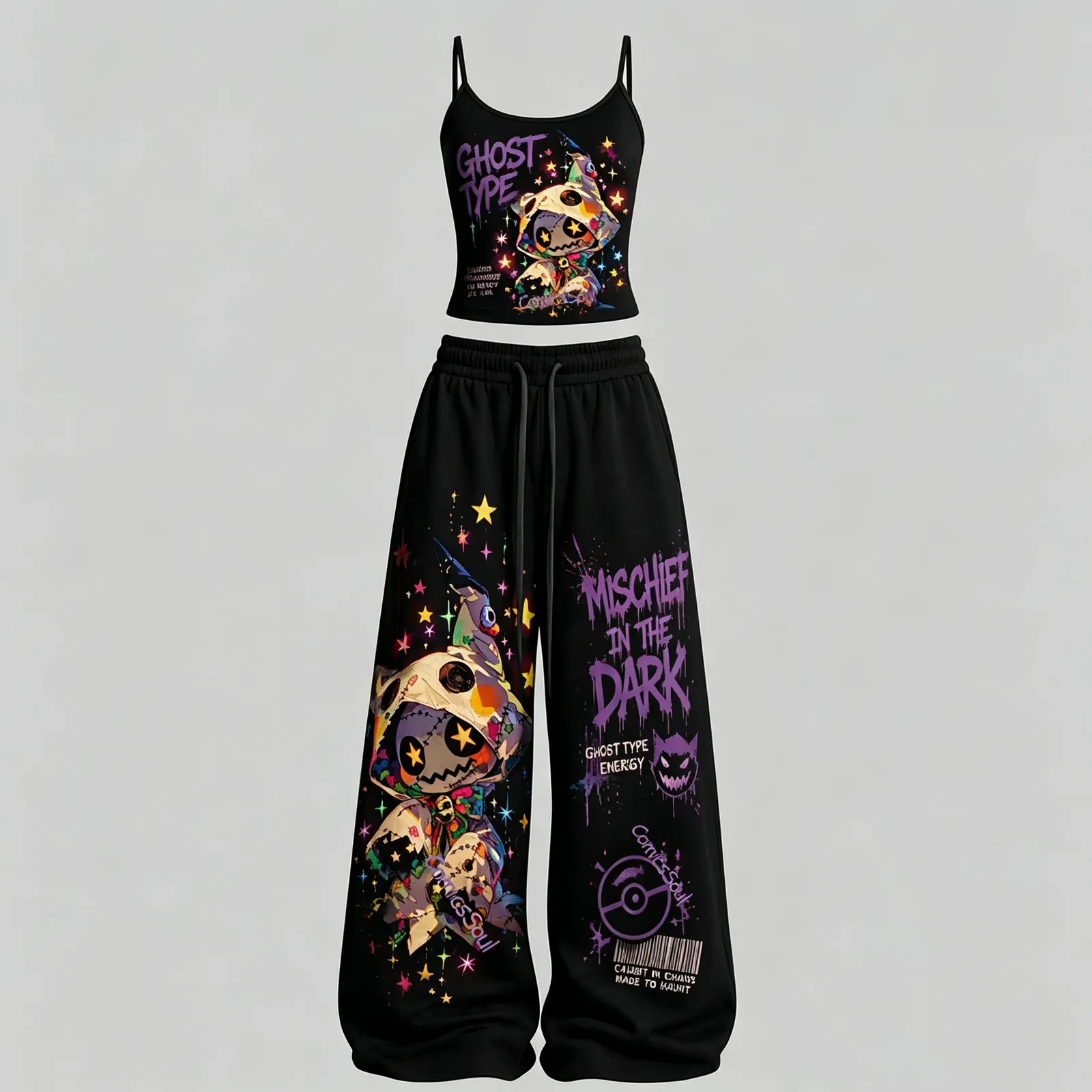 Pokémon Mimikyu Ghost Type Mischief in the Dark Cami Crop Top and Elasticated Wide Leg Trousers Two-Piece Set, Women's Black Purple Outfit