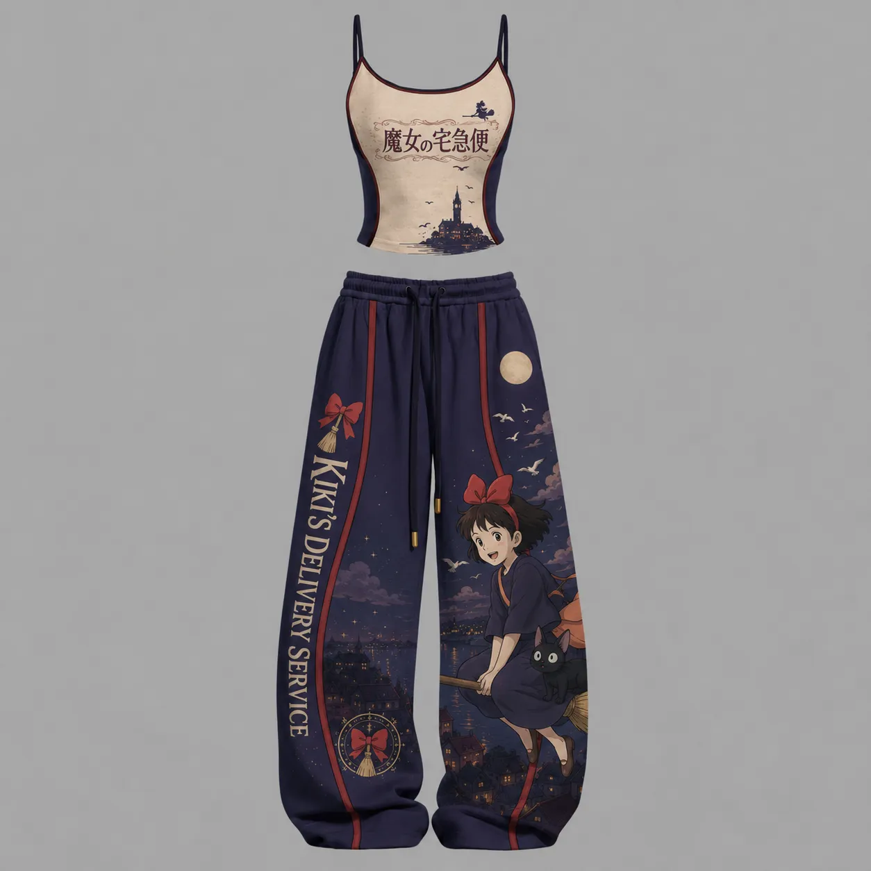 Kiki's Delivery Service Cami Crop Top and Wide Leg Trousers Two-Piece Set, Women's Navy Cream Studio Ghibli Lounge Outfit, Jiji Broom Fan Gift