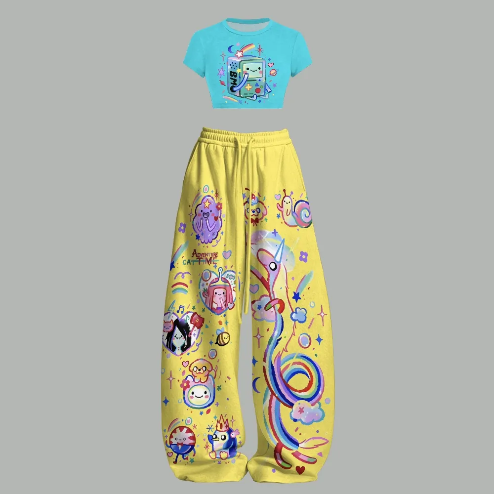 Adventure Time BMO Women Crop Tee and Wide Leg Trousers Two-Piece Set, Turquoise and Yellow Cartoon Lounge Outfit, Finn Jake Princess Bubblegum