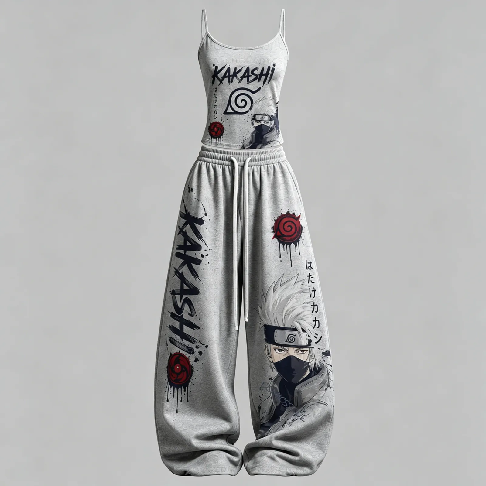 Naruto Kakashi Hatake Cami Crop Top and Wide Leg Trousers Two-Piece Set, Women's Sharingan Hidden Leaf Anime Matching Lounge Outfit