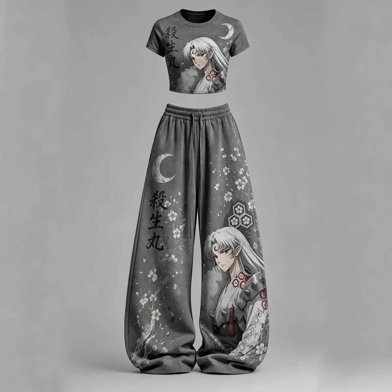 Inuyasha Sesshomaru Crescent Moon Crop Tee and Wide Leg Trousers Two-Piece Set, Women's Cherry Blossom Anime Matching Lounge Outfit