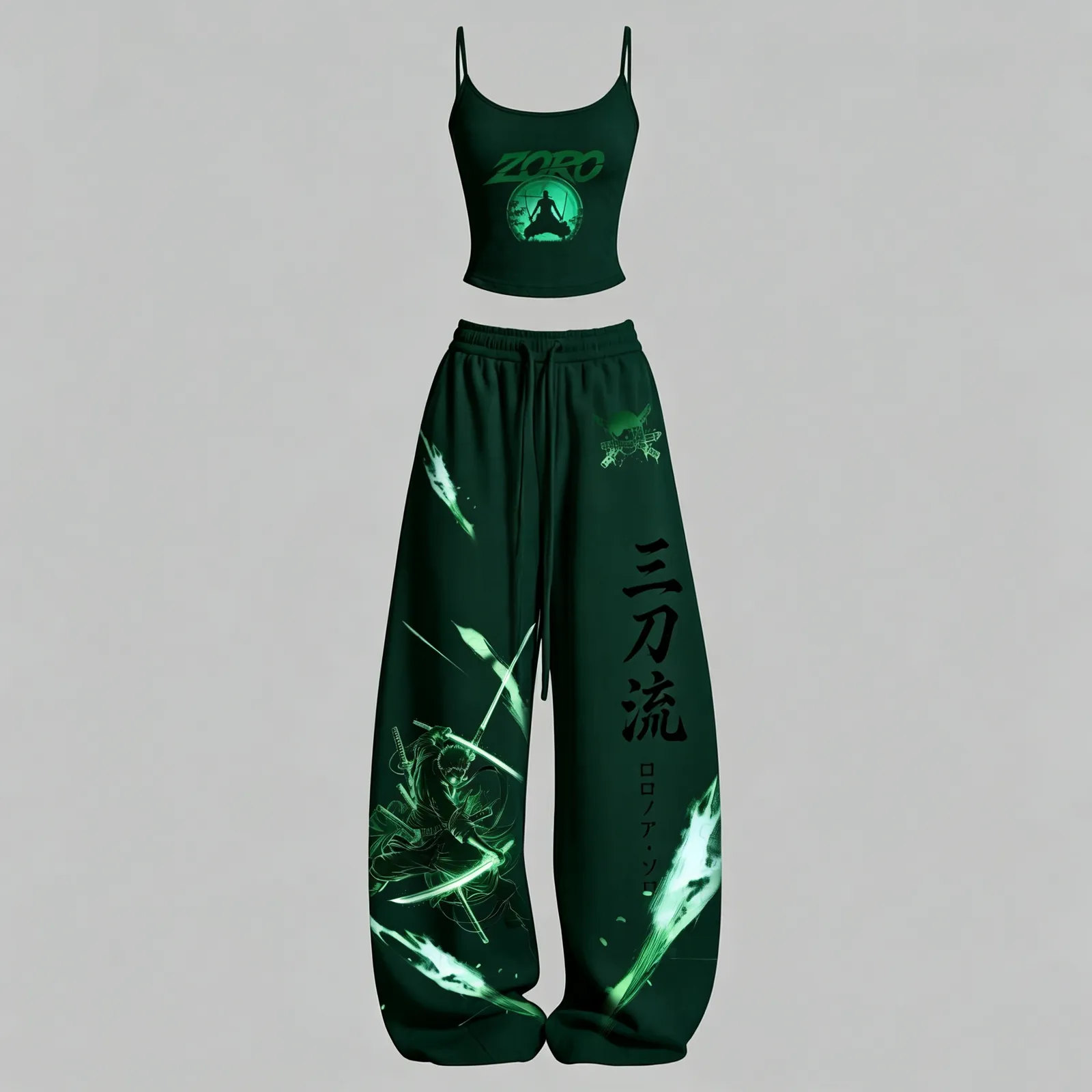 One Piece Roronoa Zoro Cami Crop Top and Wide Leg Trousers Two-Piece Set, Dark Green Santoryu Glow Print, Women's Anime Matching Outfit