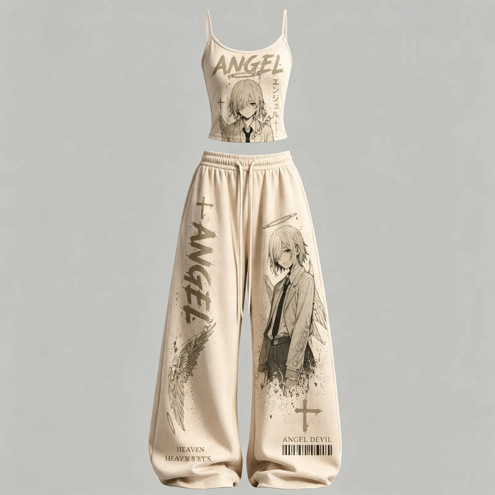 Chainsaw Man Angel Devil Cami Crop Top and Wide Leg Trousers Set, Women's Two-Piece Lounge Outfit, Halo and Wings Sepia Manga Anime Set