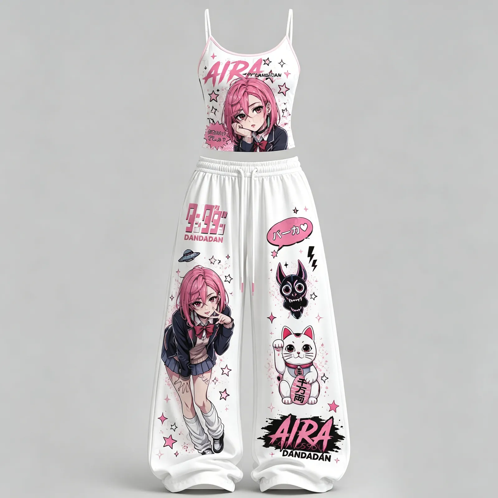 Dandadan Aira Shiratori Cami Top and Elasticated Trousers Two-Piece Set, Women's White and Pink Kawaii Anime Lounge Outfit, Lucky Cat Set