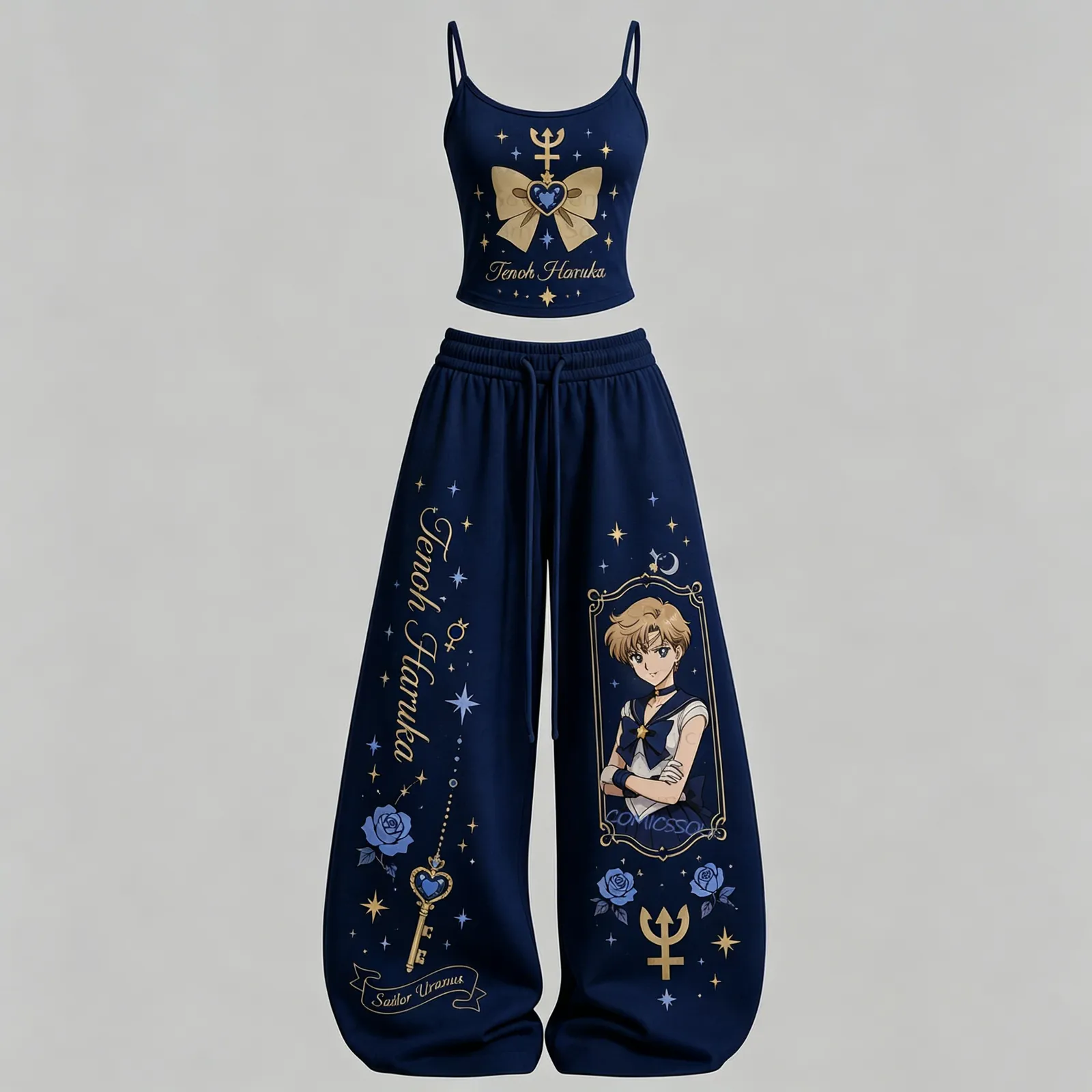 Sailor Moon Sailor Uranus Tenoh Haruka Cami Crop Top and Wide Leg Trousers Two-Piece Set, Navy and Gold Bow Print, Women's Anime Outfit