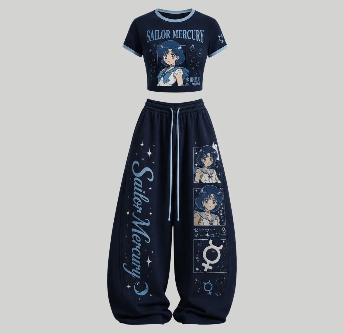 Sailor Moon Sailor Mercury Ami Mizuno Crop Tee Top and Elasticated Trousers Two-Piece Set, Women's Navy and Sky Blue Anime Lounge Outfit
