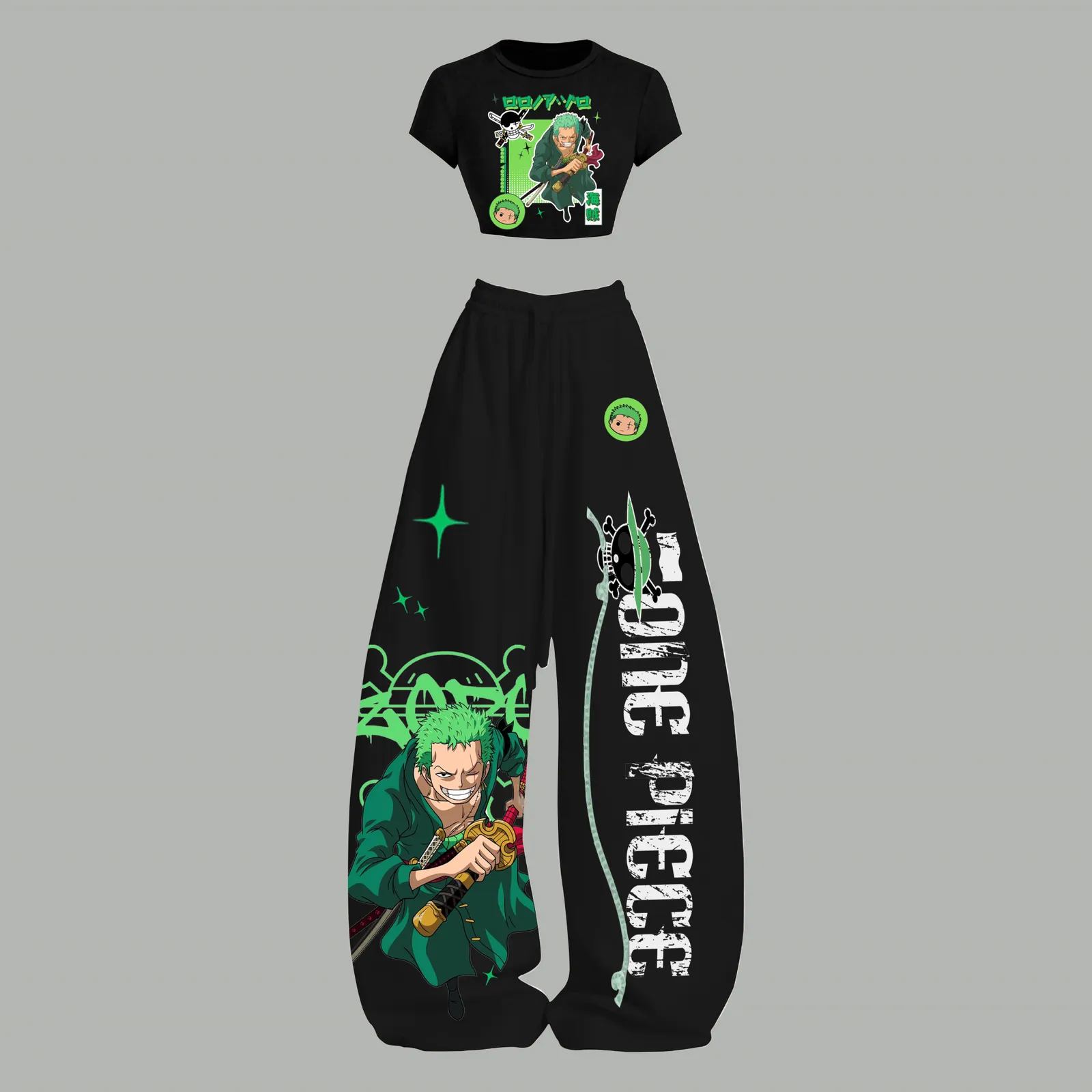 One Piece Roronoa Zoro Crop Tee and Wide Leg Trousers Two-Piece Set, Black Neon Green Straw Hat Pirates Anime Lounge Outfit, Women's Co-ord