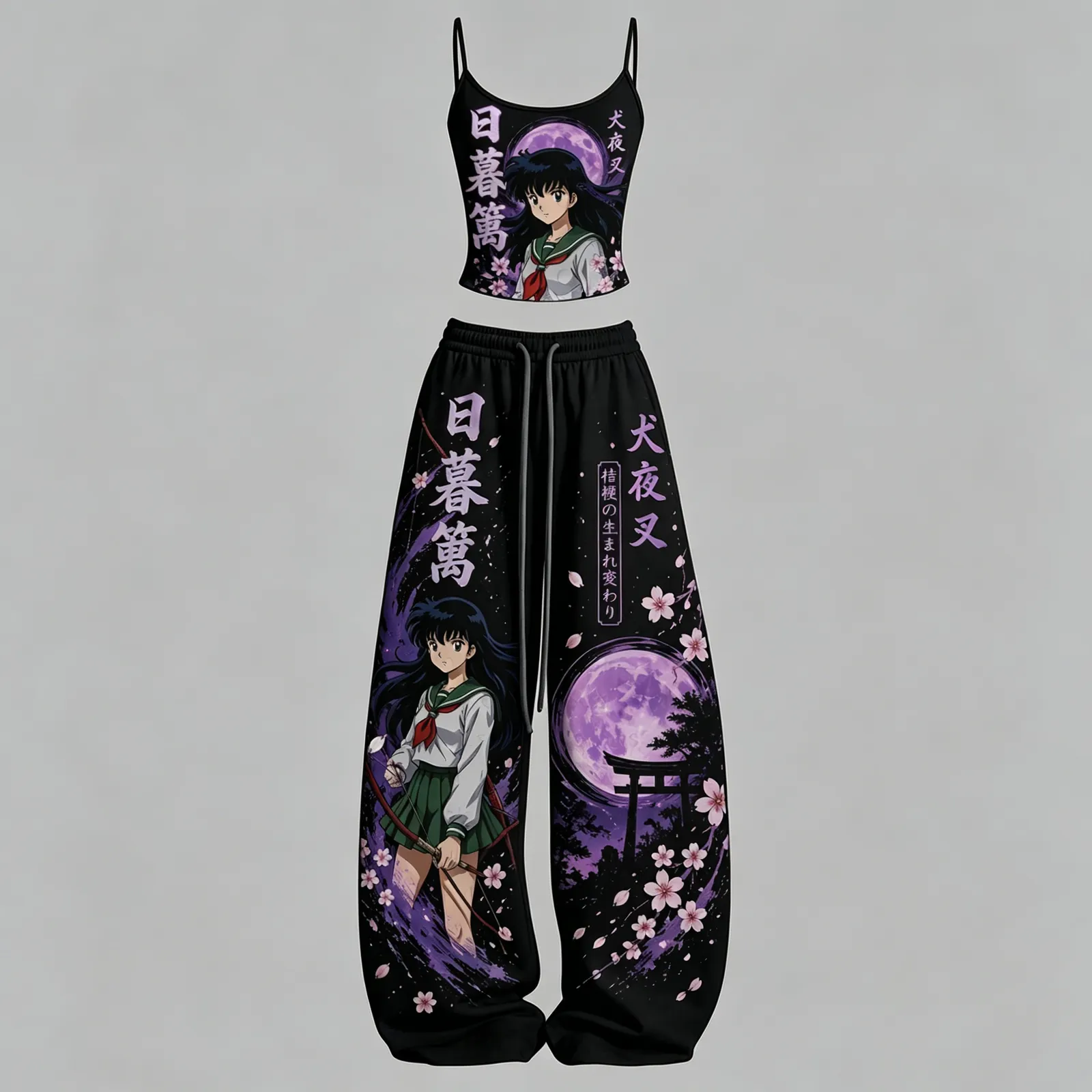 Inuyasha Kagome Higurashi Purple Moon Cami Crop Top and Wide Leg Trousers Two-Piece Set, Black Cherry Blossom Anime Lounge Outfit, Women's Co-ord