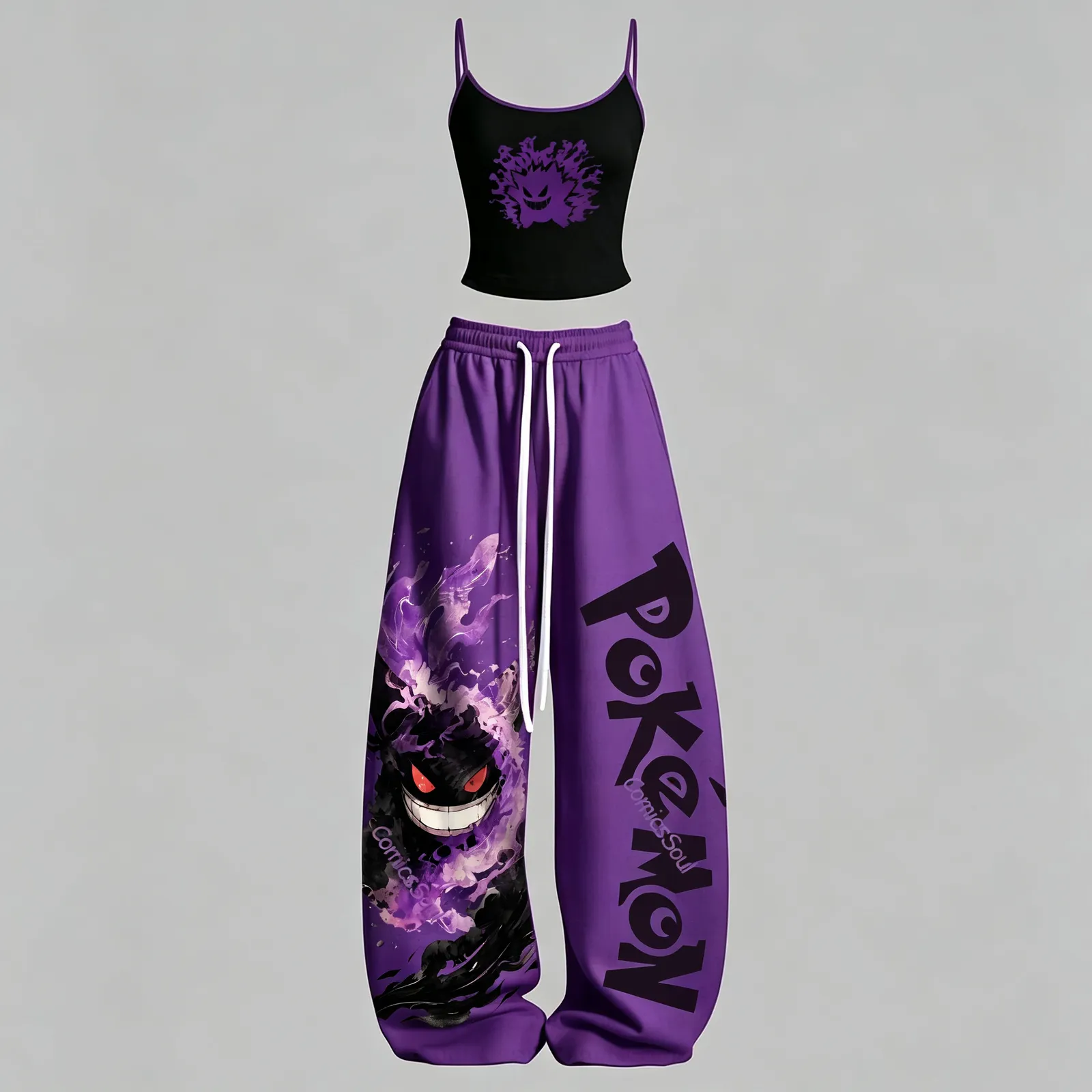 Pokémon Gengar Cami Crop Top and Wide Leg Trousers Two-Piece Set, Women's Black Purple Ghost Type Lounge Outfit, Shadow Ball Fan Gift