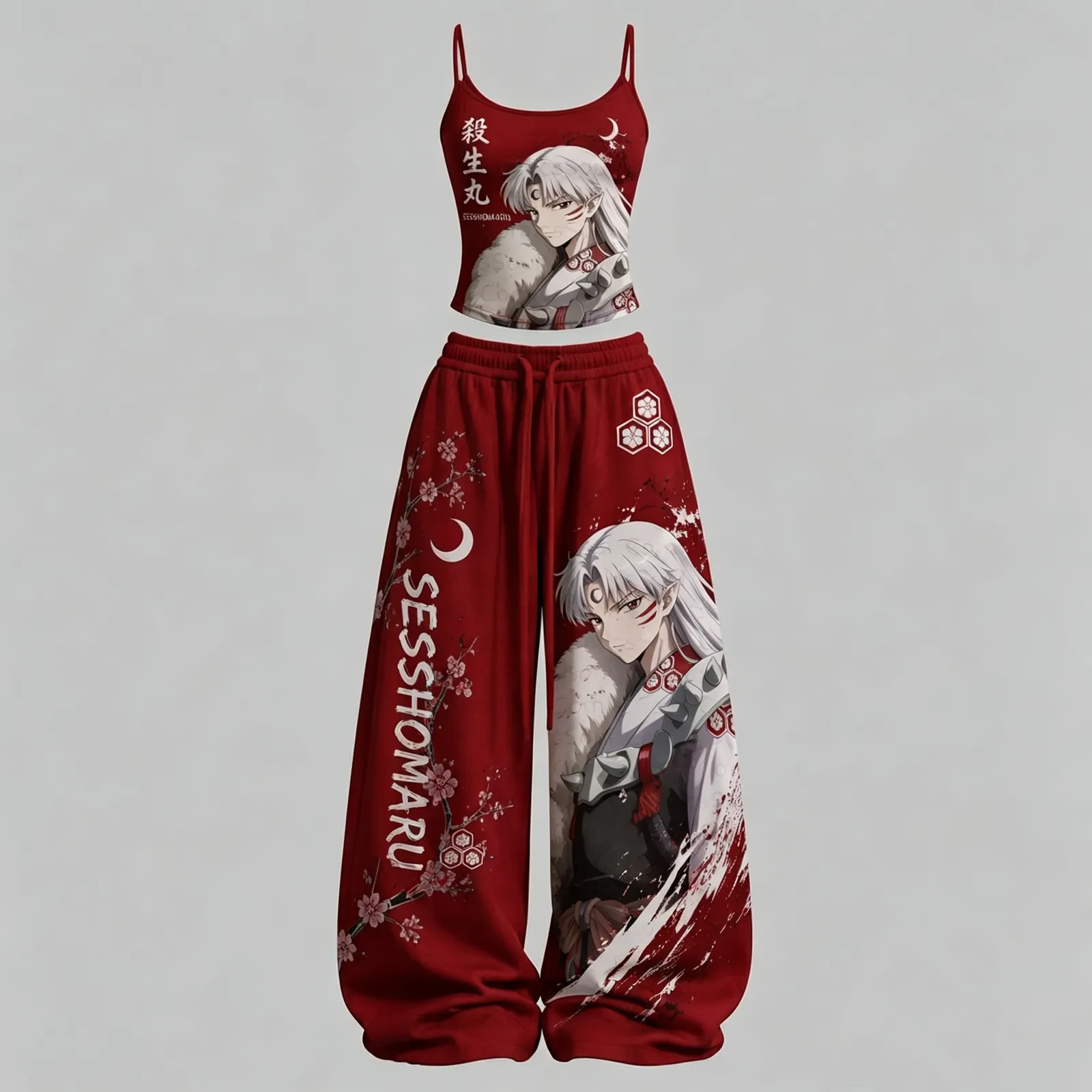 Inuyasha Sesshomaru Crescent Moon Cami Crop Top and Wide Leg Trousers Two-Piece Set, Red Cherry Blossom Anime Lounge Outfit, Women's Co-ord