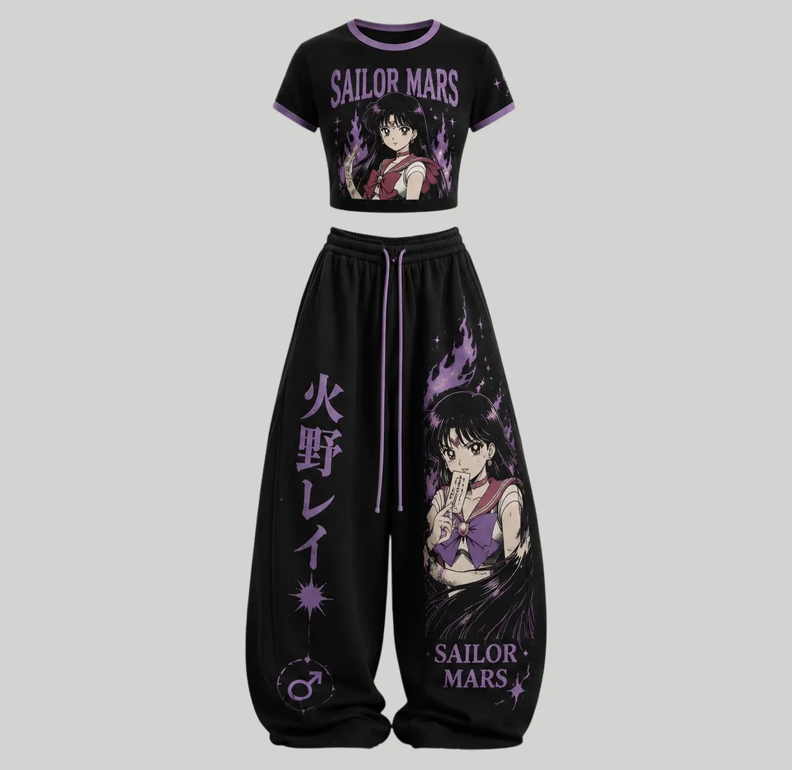 Sailor Moon Sailor Mars Crop Tee and Wide Leg Trousers Two-Piece Set, Women's Black and Purple Rei Hino Anime Lounge Outfit, Matching Set