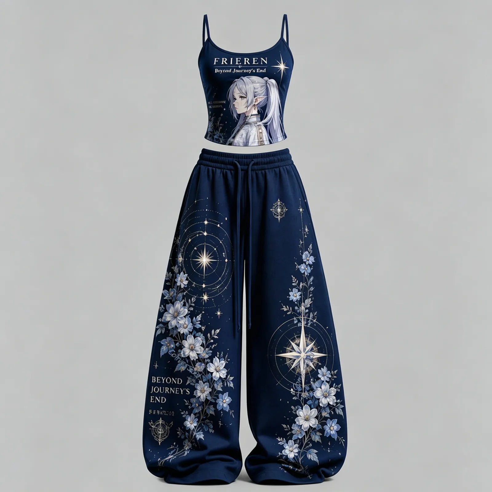 Frieren Beyond Journey's End Cami Crop Top and Wide Leg Trousers Set, Women's Two-Piece Lounge Outfit, Navy Starry Night Flower Anime Set