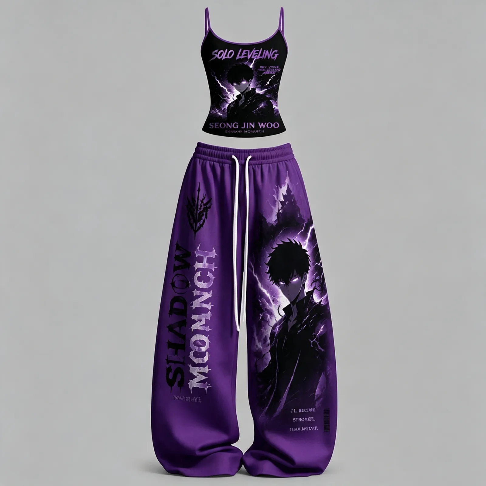 Solo Leveling Sung Jinwoo Shadow Monarch Cami Crop Top and Wide Leg Trousers Two-Piece Set, Women's Purple Anime Lounge Outfit, Manhwa Set