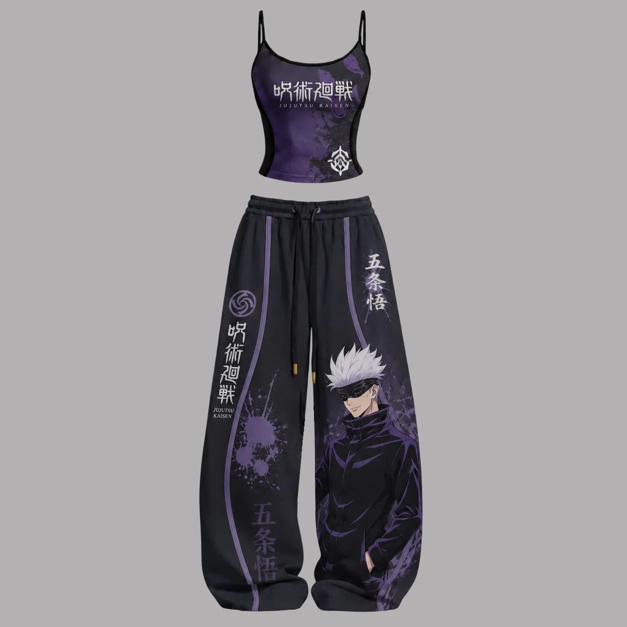 Jujutsu Kaisen Gojo Satoru Cami Crop Top and Wide Leg Trousers Two-Piece Set, Black Purple Splatter Anime Lounge Outfit, Women's Matching Co-ord