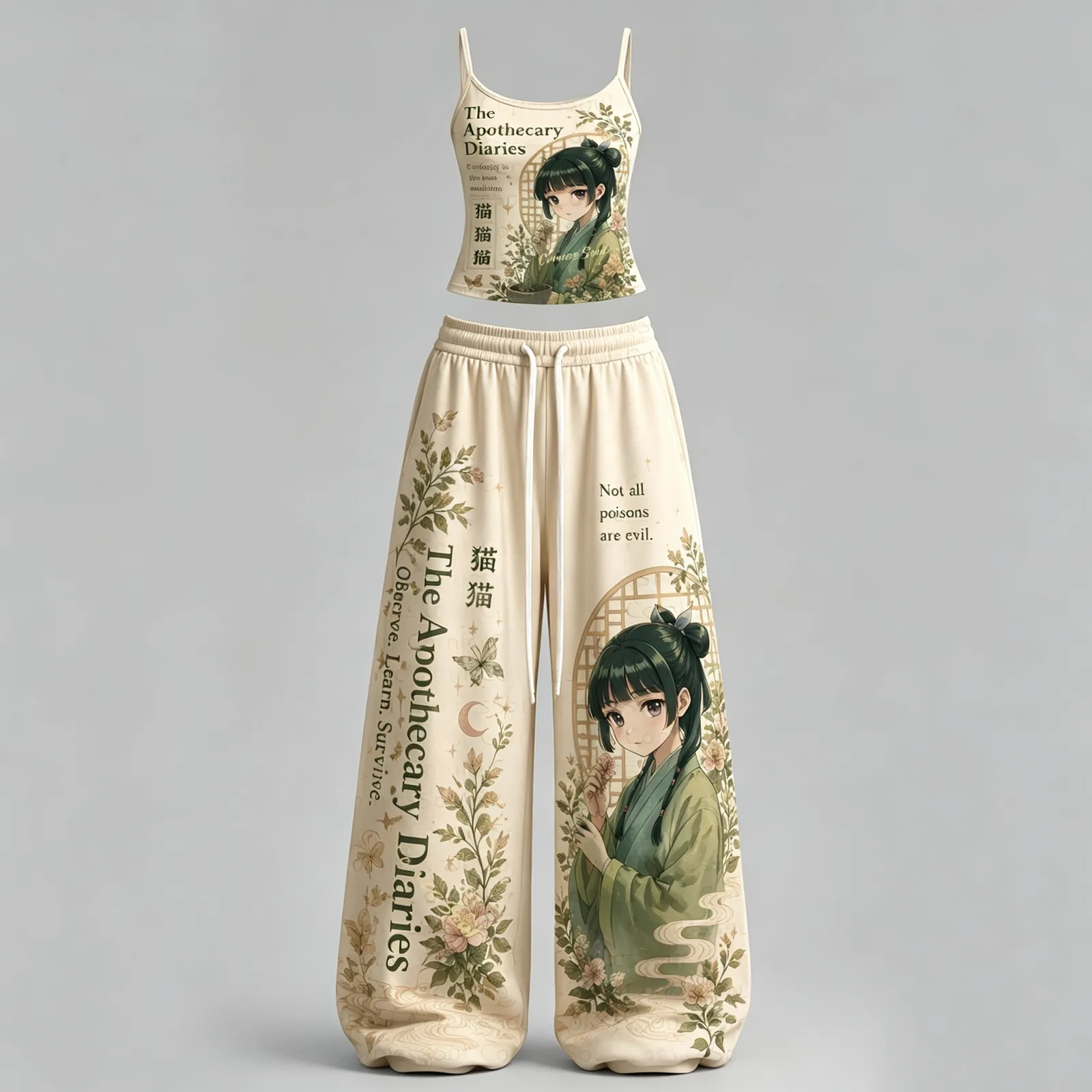 The Apothecary Diaries Maomao Cami Crop Top and Wide Leg Trousers Set, Women's Two-Piece Lounge Outfit, Not All Poisons Are Evil Floral Set