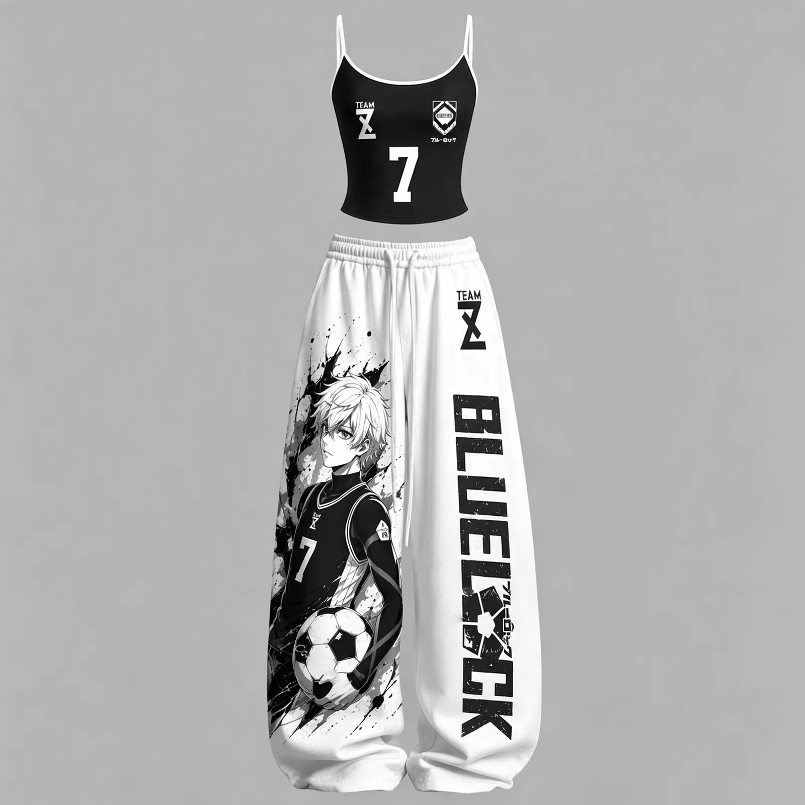 Blue Lock Team Z Number 7 Cami Crop Top and Wide Leg Trousers Two-Piece Set, Black White Soccer Anime Lounge Outfit, Women's Matching Co-ord