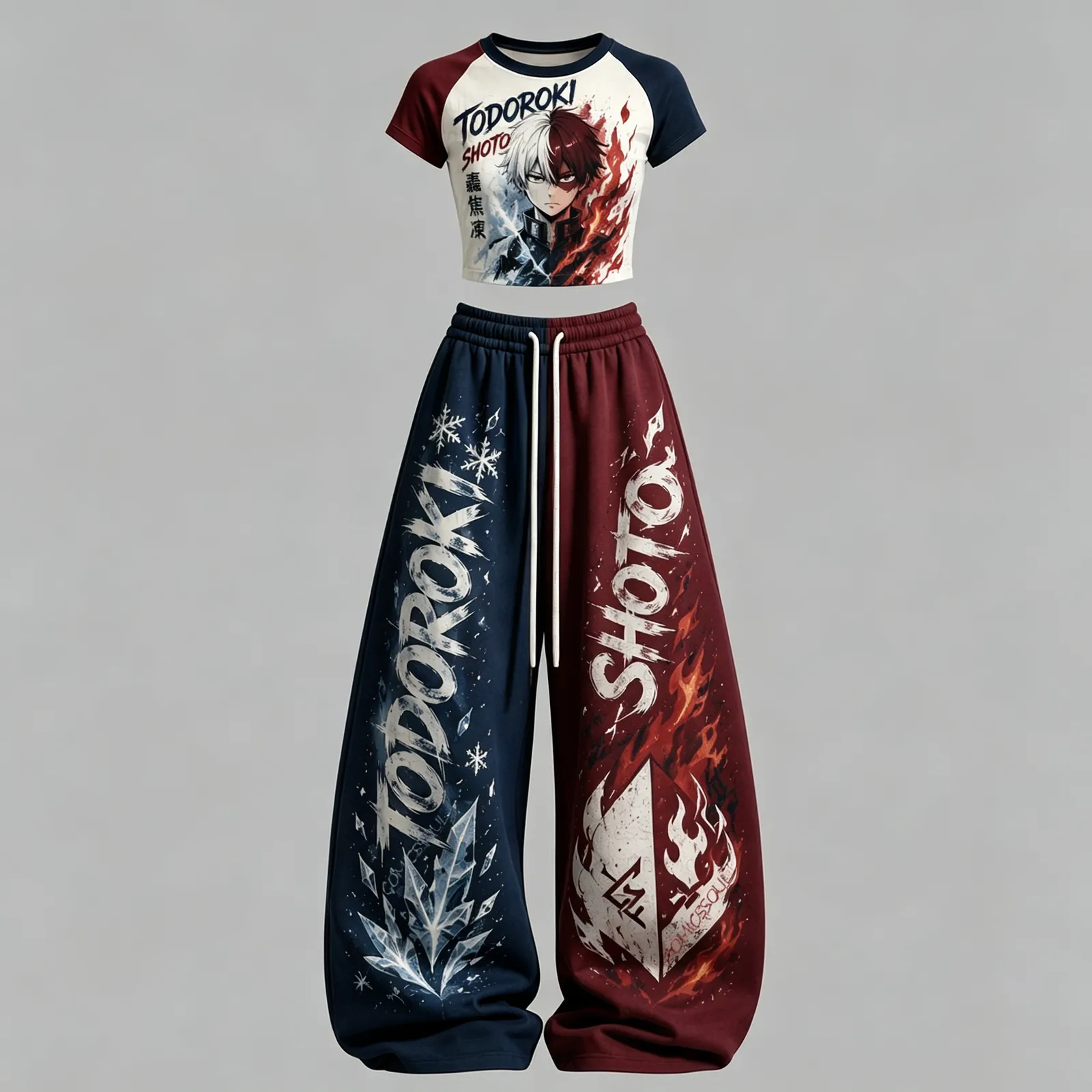 My Hero Academia Todoroki Shoto Crop Tee and Wide Leg Trousers Two-Piece Set, Fire and Ice Print, Women's Anime Matching Lounge Outfit
