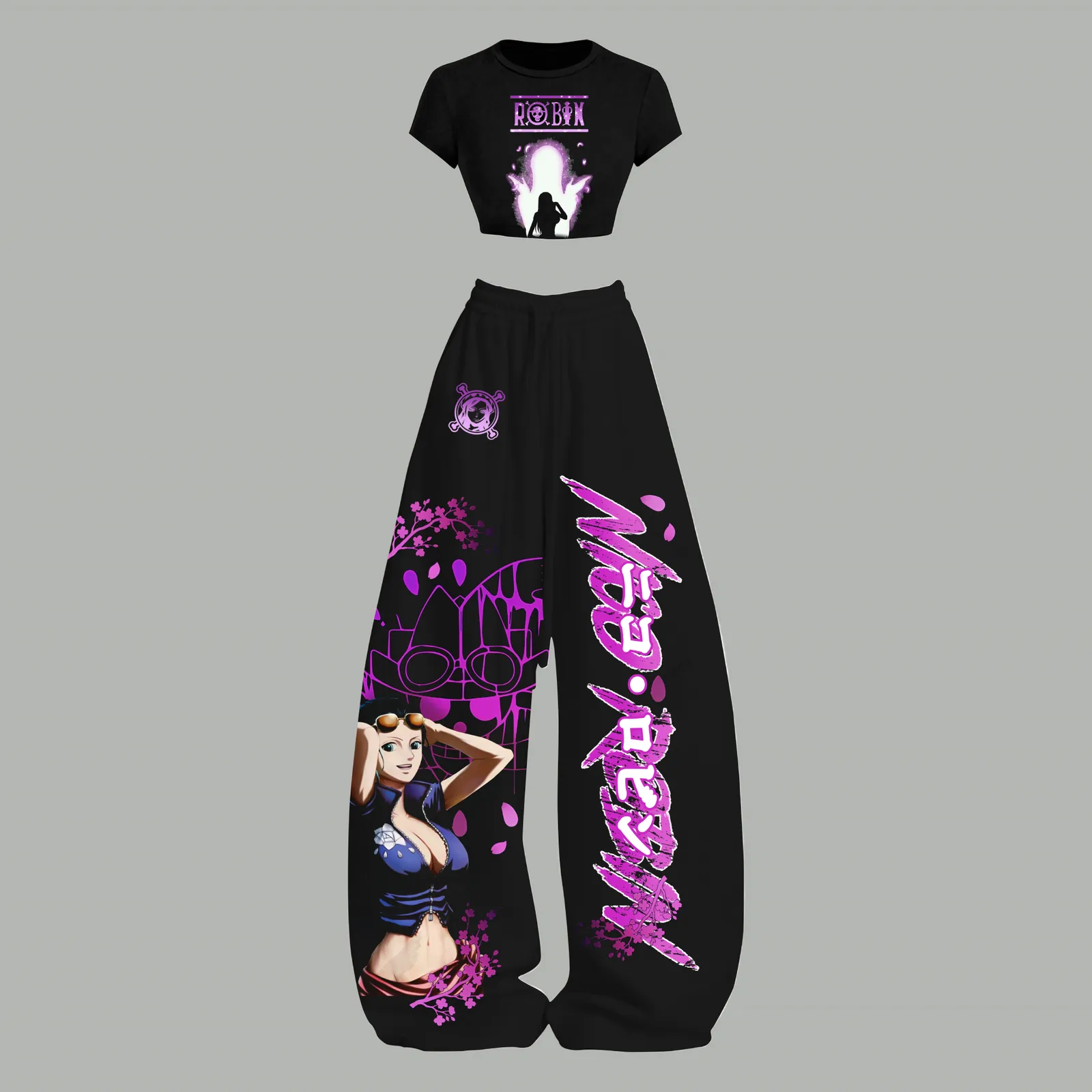 One Piece Nico Robin Crop Tee and Wide Leg Trousers Two-Piece Set, Women's Black Magenta Anime Lounge Outfit, Straw Hat Pirates Fan Gift