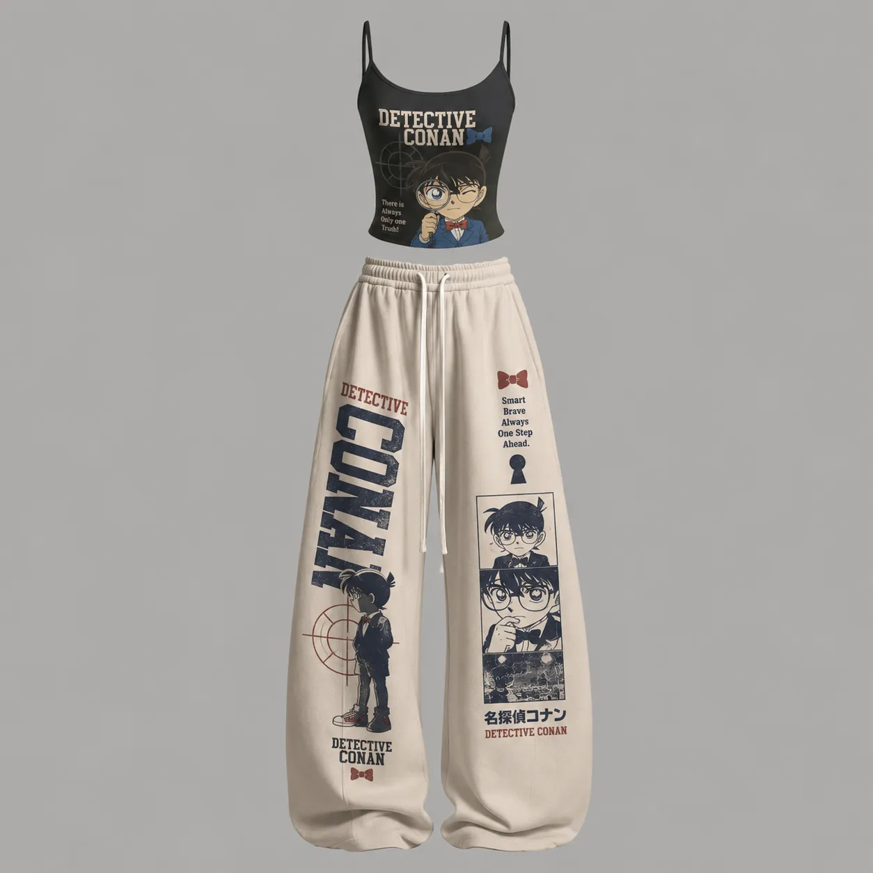 Detective Conan Cami Crop Top and Wide Leg Trousers Two-Piece Set, Women's Black Cream Anime Lounge Outfit, Case Closed Edogawa Fan Gift