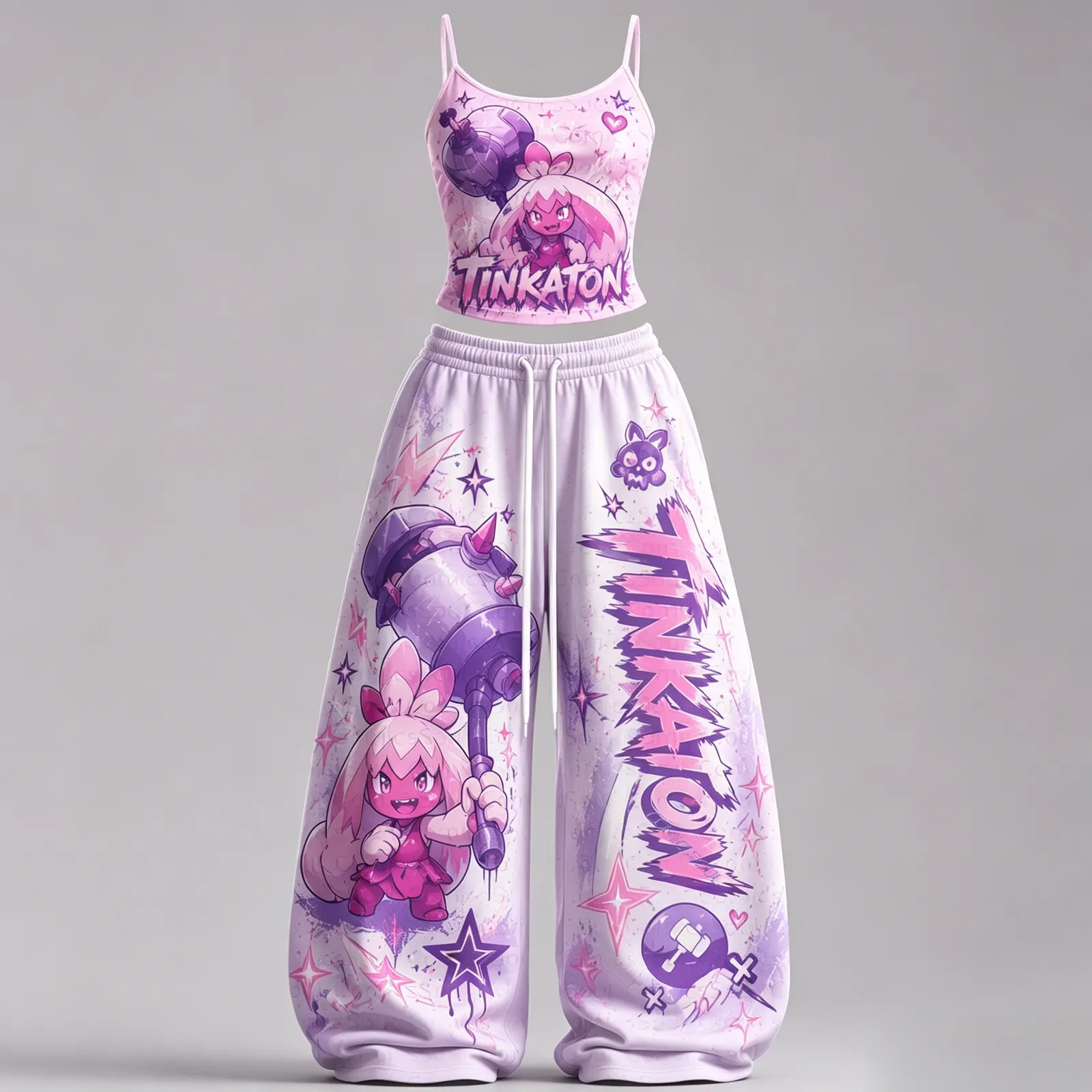 Pokémon Tinkaton Hammer Cami Top and Elasticated Trousers Two-Piece Set, Women's Pink and Lilac Graffiti Lounge Outfit, Pokemon Matching Set