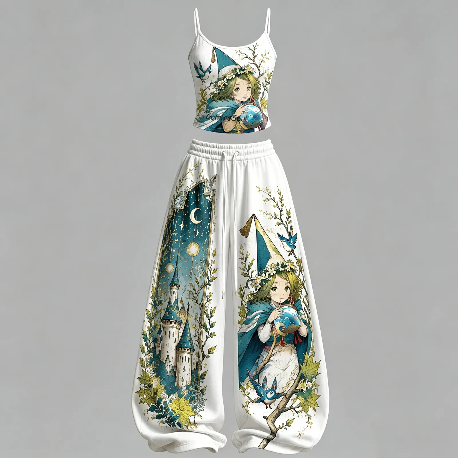 Witch Hat Atelier Coco Cami Crop Top and Wide Leg Trousers Two-Piece Set, White and Teal Castle Moon Print, Women's Anime Fantasy Lounge Outfit