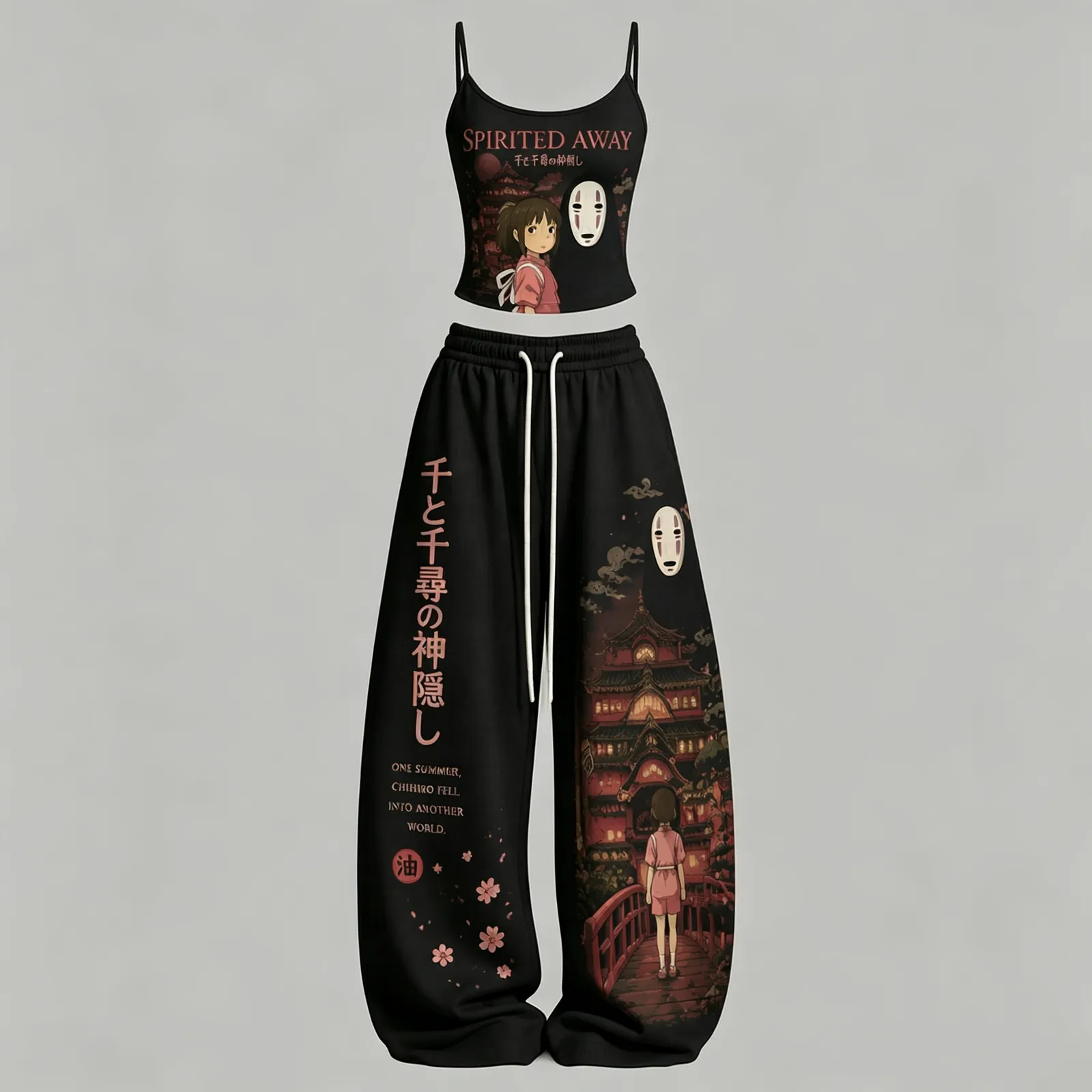 Spirited Away Chihiro and No-Face Cami Crop Top and Wide Leg Trousers Two-Piece Set, Women's Black Studio Ghibli Bathhouse Lounge Outfit, Gift