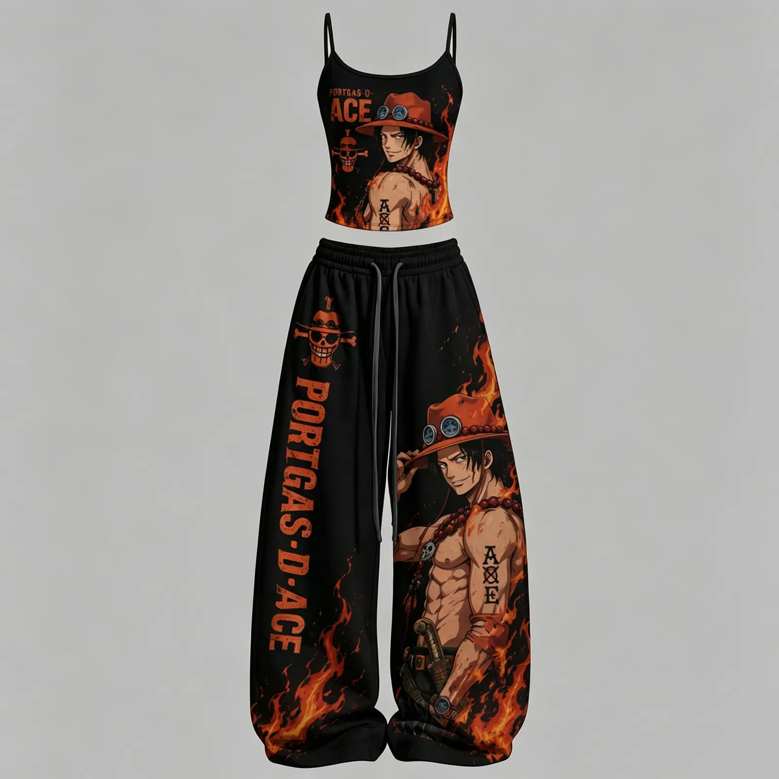 One Piece Portgas D. Ace Cami Crop Top and Wide Leg Trousers Two-Piece Set, Women's Black and Orange Fire Fist Anime Lounge Outfit, Matching Set