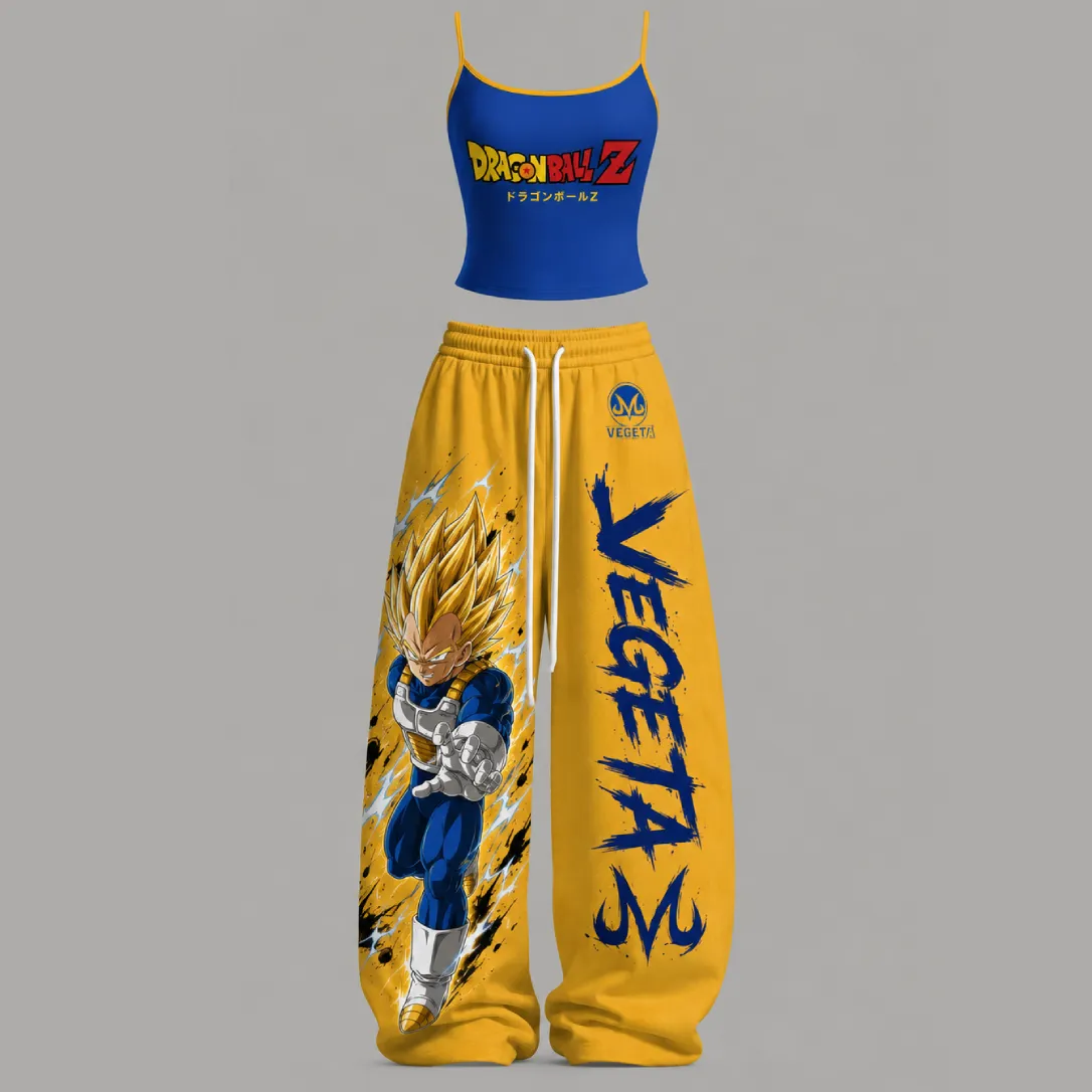 Dragon Ball Z Vegeta Cami Crop Top and Elasticated Wide Leg Trousers Two-Piece Set, Women's Blue and Yellow Super Saiyan Anime Outfit