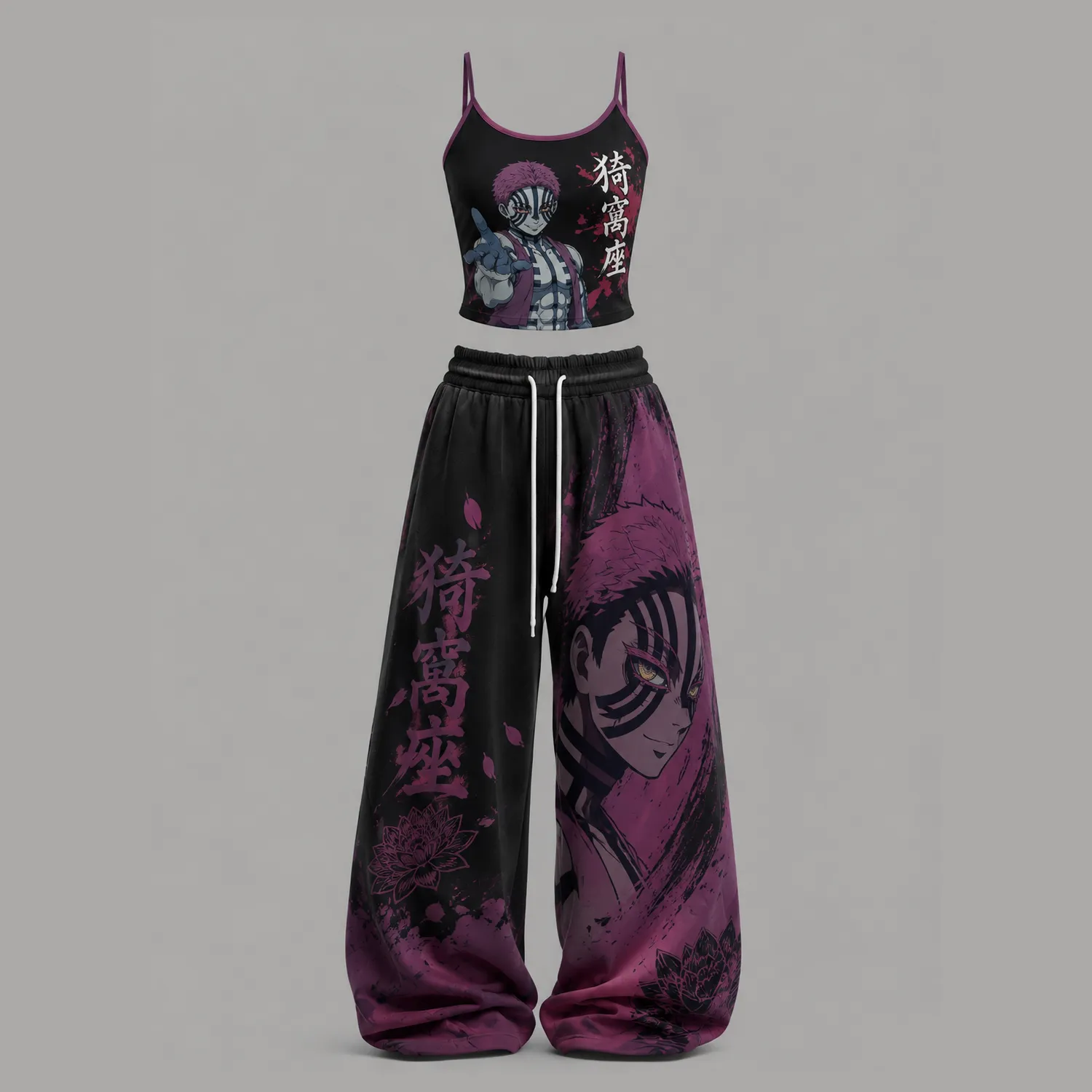 Demon Slayer Akaza Cami Crop Top and Wide Leg Trousers Two-Piece Set, Women's Black and Magenta Anime Lounge Outfit, Upper Moon Matching Set