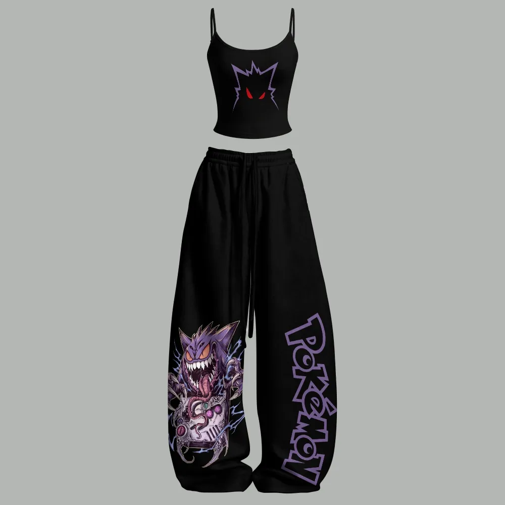 Pokémon Gengar Cami Crop Top and Wide Leg Trousers Two-Piece Set, Women's Black and Purple Shadow Ghost Game Lounge Outfit, Pokémon Fan Gift