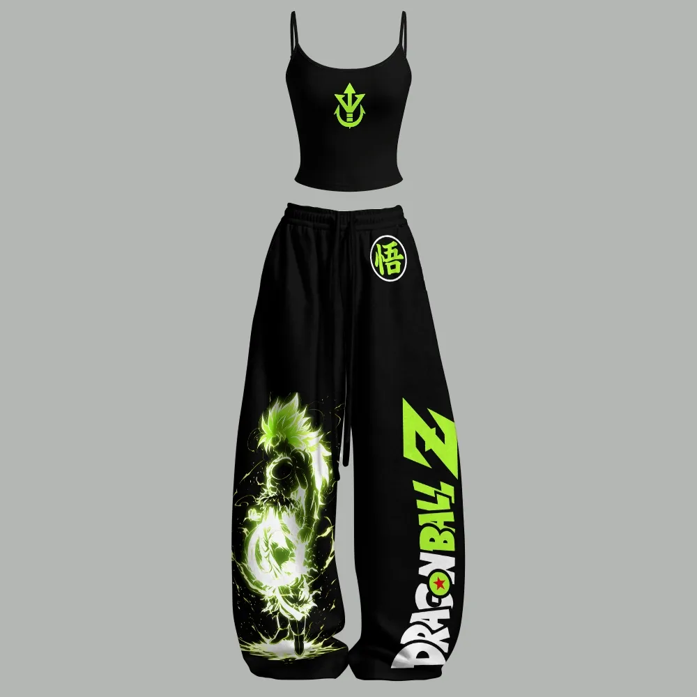 Dragon Ball Z Vegeta Royal Crest Cami Crop Top and Wide Leg Trousers Two-Piece Set, Women's Neon Green Saiyan Anime Matching Outfit