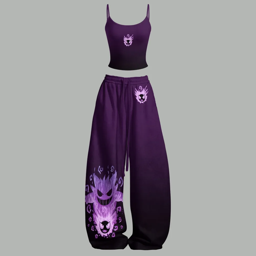 Pokémon Gengar and Gastly Cami Crop Top and Wide Leg Trousers Two-Piece Set, Women's Purple Ombre Ghost Type Lounge Outfit, Anime Set