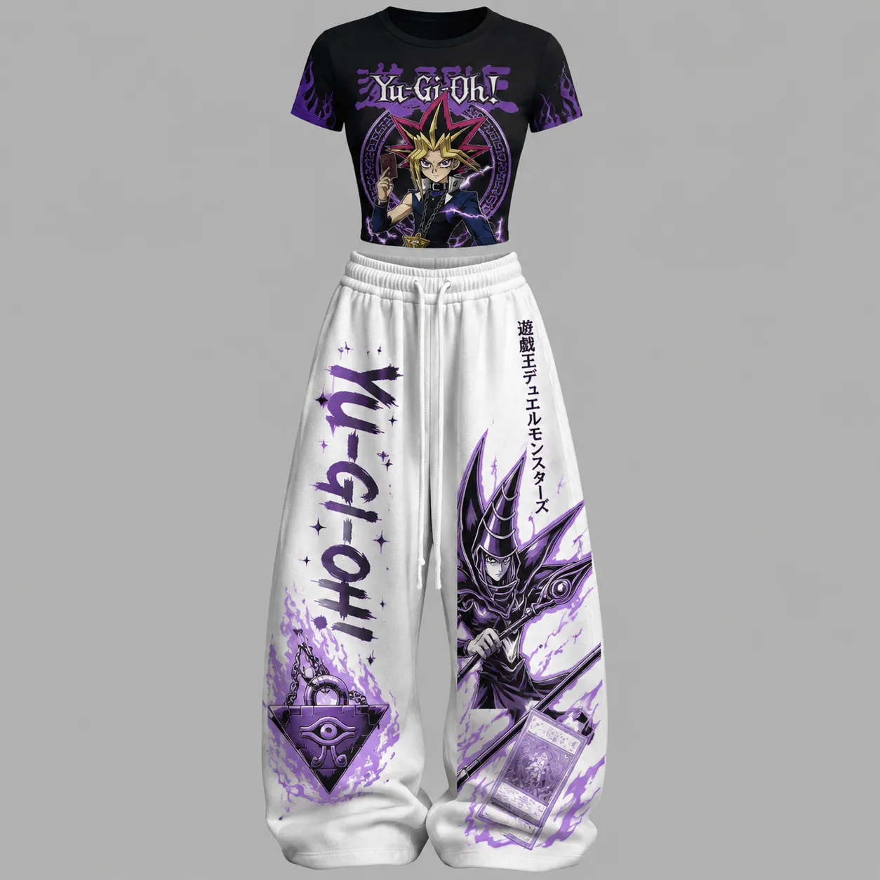 Yu-Gi-Oh! Yami Yugi Dark Magician Crop Tee and Wide Leg Trousers Two-Piece Set, Black Purple Anime Lounge Outfit, Women's Matching Co-ord