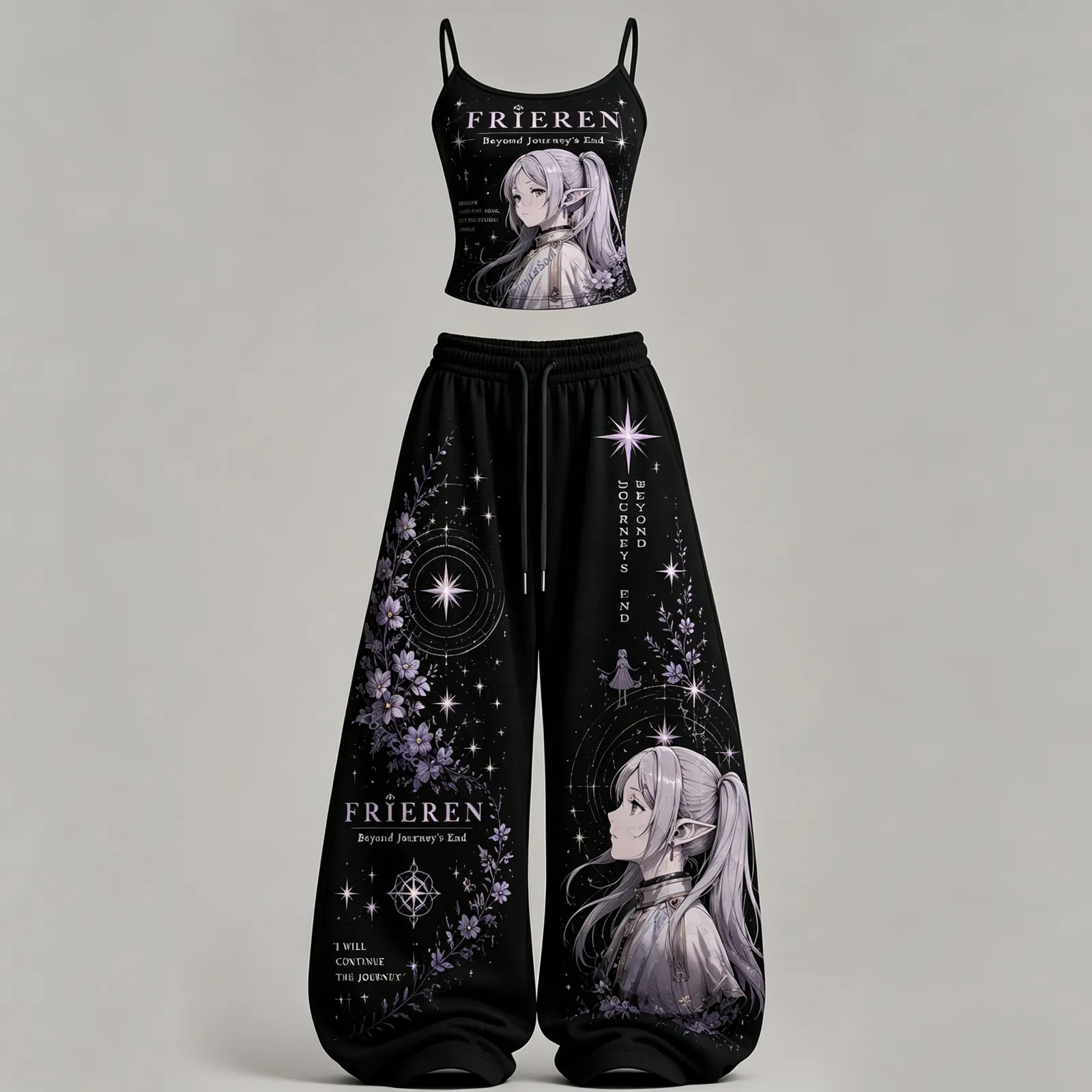 Frieren Beyond Journey's End Cami Crop Top and Wide Leg Trousers Two-Piece Set, Women's Black Starry Night Anime Lounge Outfit, Matching Set
