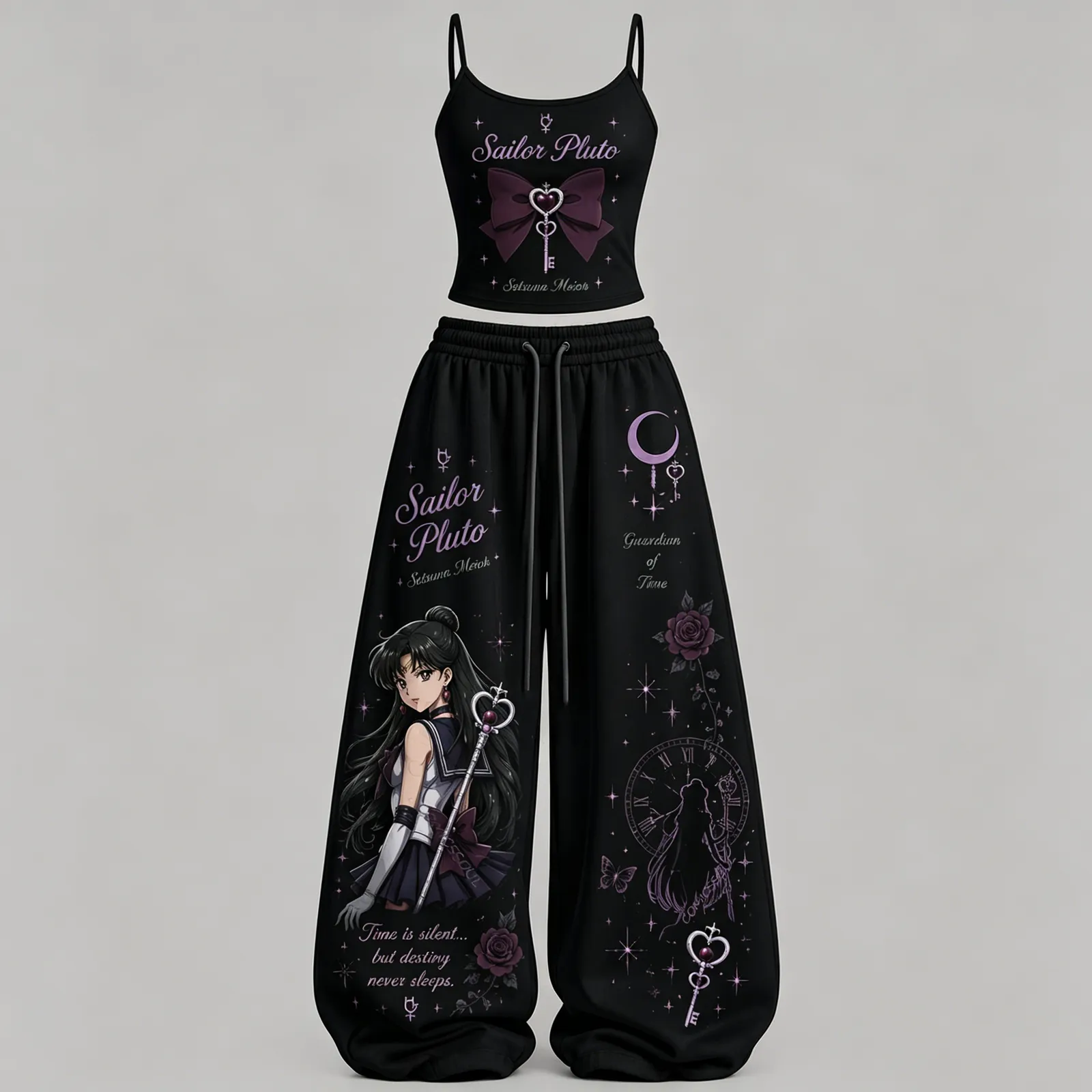 Sailor Moon Pluto Setsuna Meioh Cami Crop Top and Wide Leg Trousers Two-Piece Set, Women's Black Plum Anime Lounge Outfit, Guardian of Time Gift