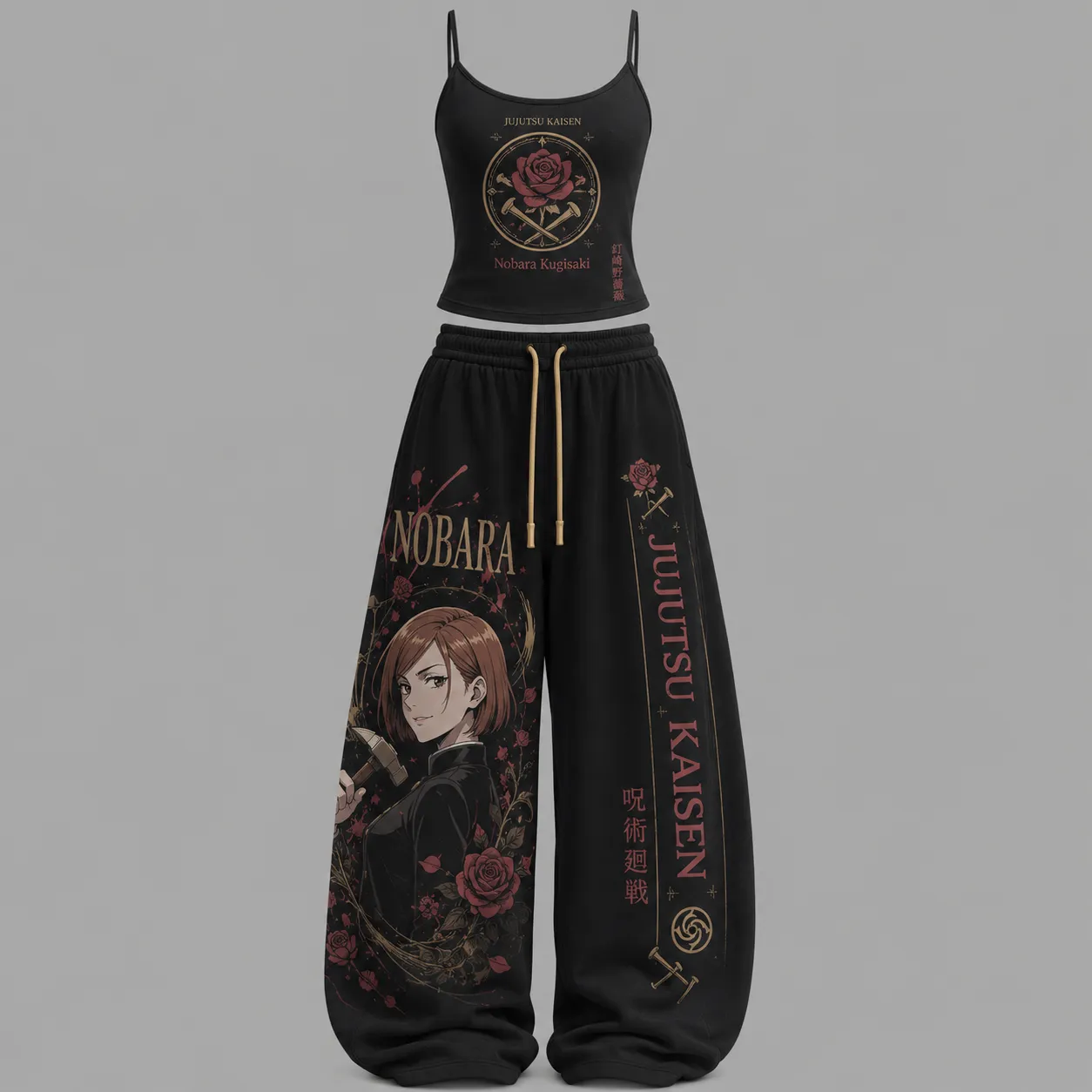 Jujutsu Kaisen Nobara Kugisaki Cami Crop Top and Wide Leg Trousers Two-Piece Set, Women's Black Red Rose Anime Lounge Outfit, Matching Set
