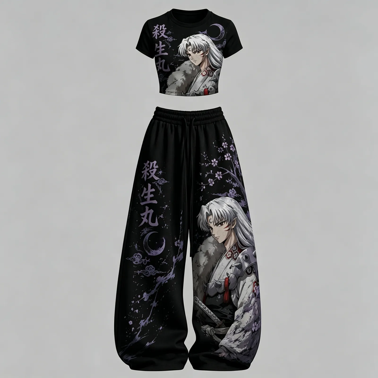 Inuyasha Sesshomaru Crop Tee Top and Elasticated Trousers Two-Piece Set, Women's Black and Lilac Cherry Blossom Anime Lounge Outfit