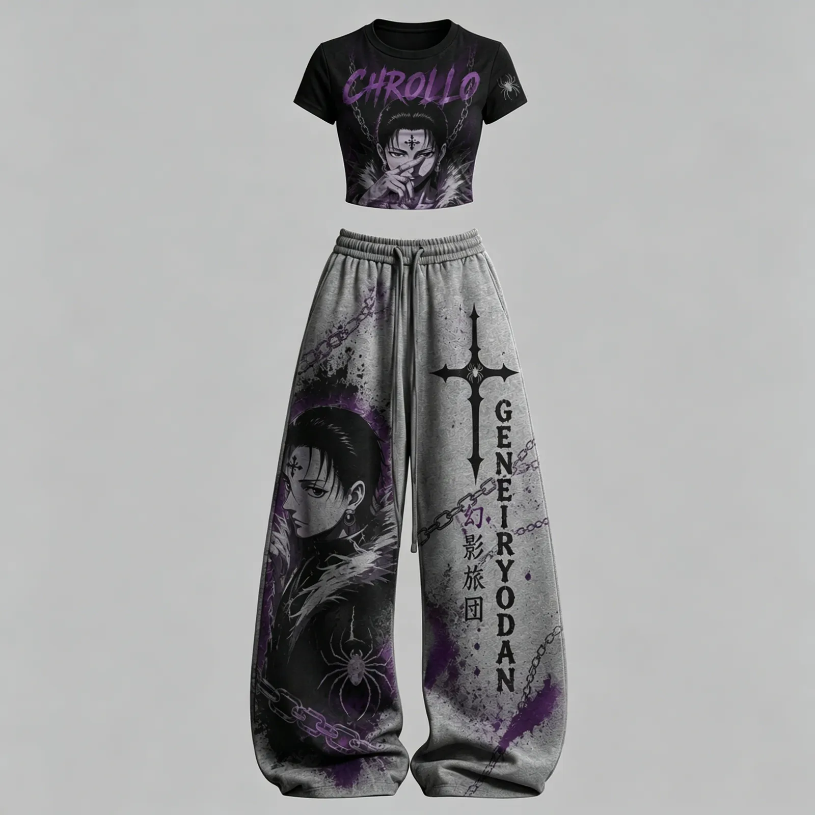 Hunter x Hunter Chrollo Lucilfer Genei Ryodan Crop Tee Top and Elasticated Trousers Two-Piece Set, Women's Black and Grey Anime Lounge Outfit