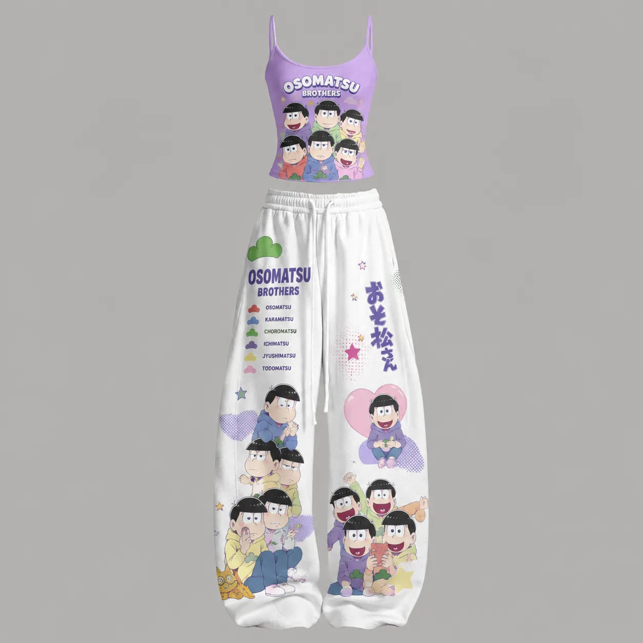 Osomatsu Brothers Osomatsu-san Cami Top and Elasticated Trousers Two-Piece Set, Women's Lilac and White Sextuplets Anime Lounge Outfit