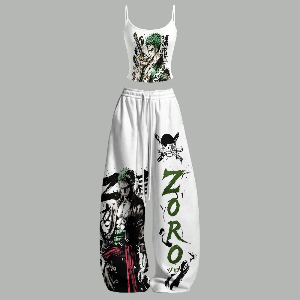 One Piece Roronoa Zoro Cami Crop Top and White Wide Leg Trousers Set, Women's Two-Piece Lounge Outfit, Ink Brush Green Straw Hat Pirates Set