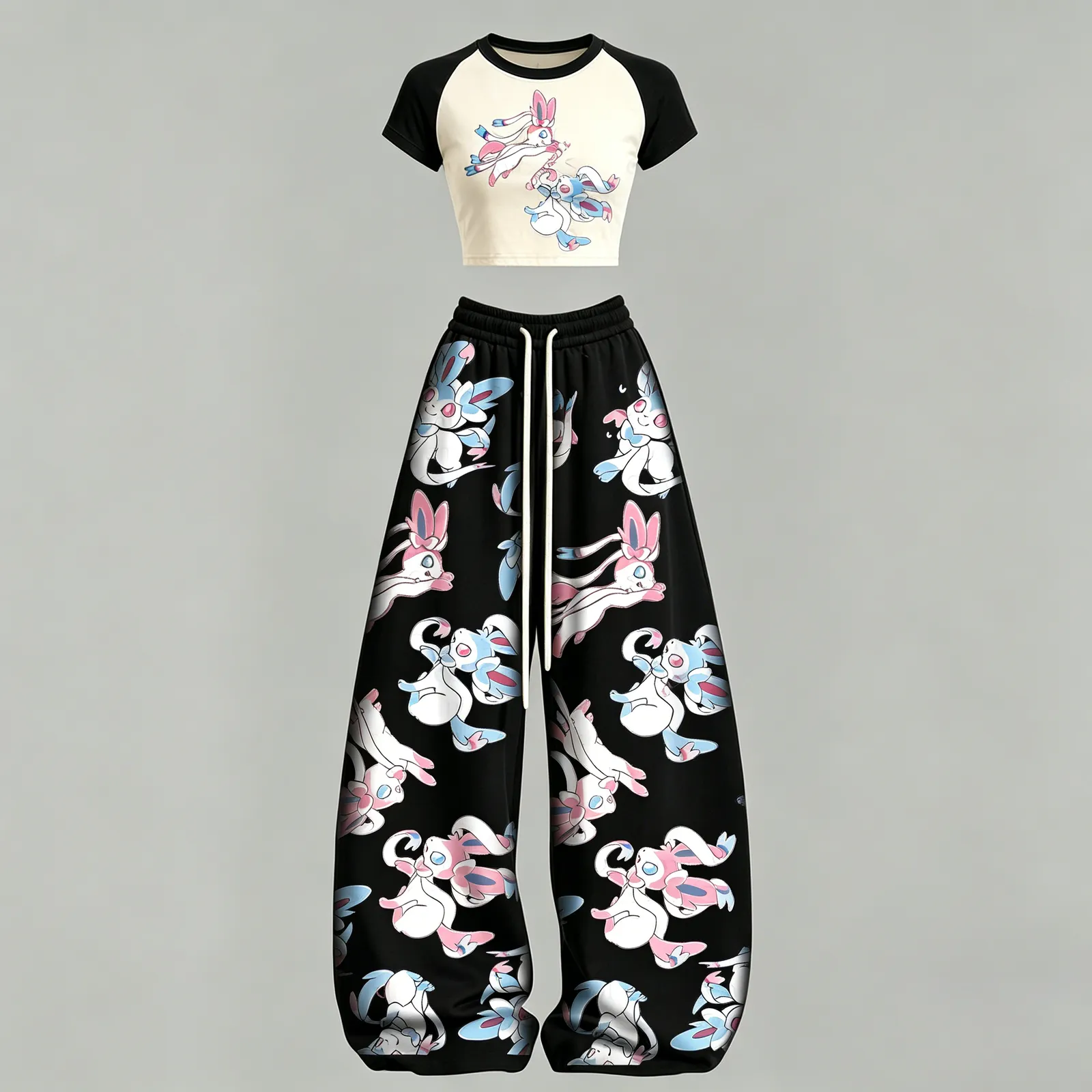 Pokémon Sylveon Raglan Crop Tee and Wide Leg Trousers Two-Piece Set, Women's Fairy Type Eeveelution Black Matching Lounge Outfit, Gift