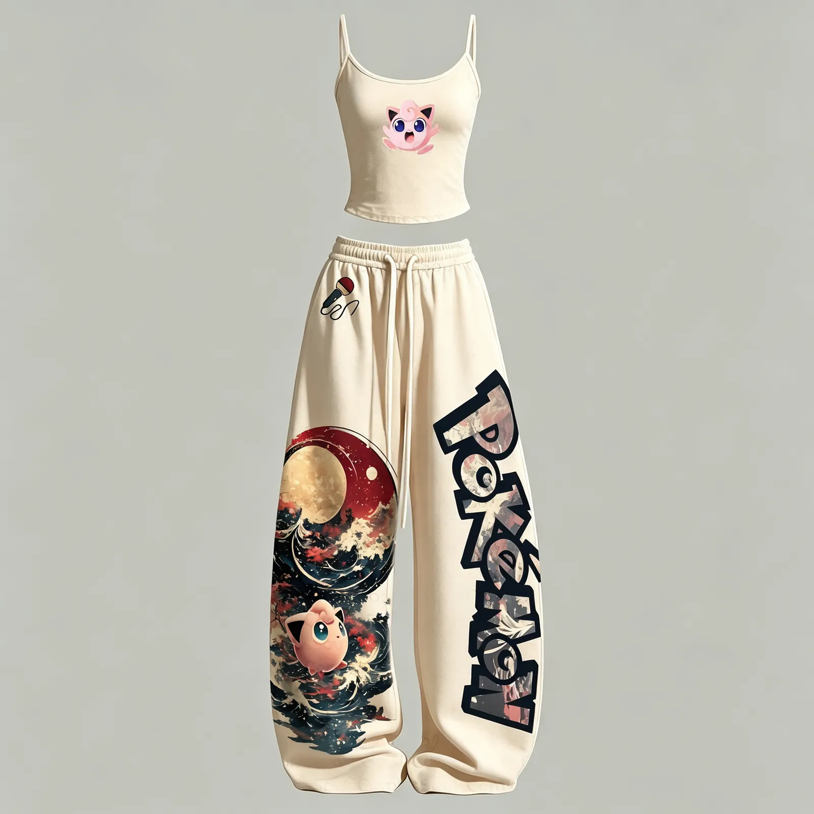 Pokémon Jigglypuff Cami Crop Top and Wide Leg Trousers Two-Piece Set, Women's Cream Japanese Wave and Moon Lounge Outfit, Pokémon Fan Gift