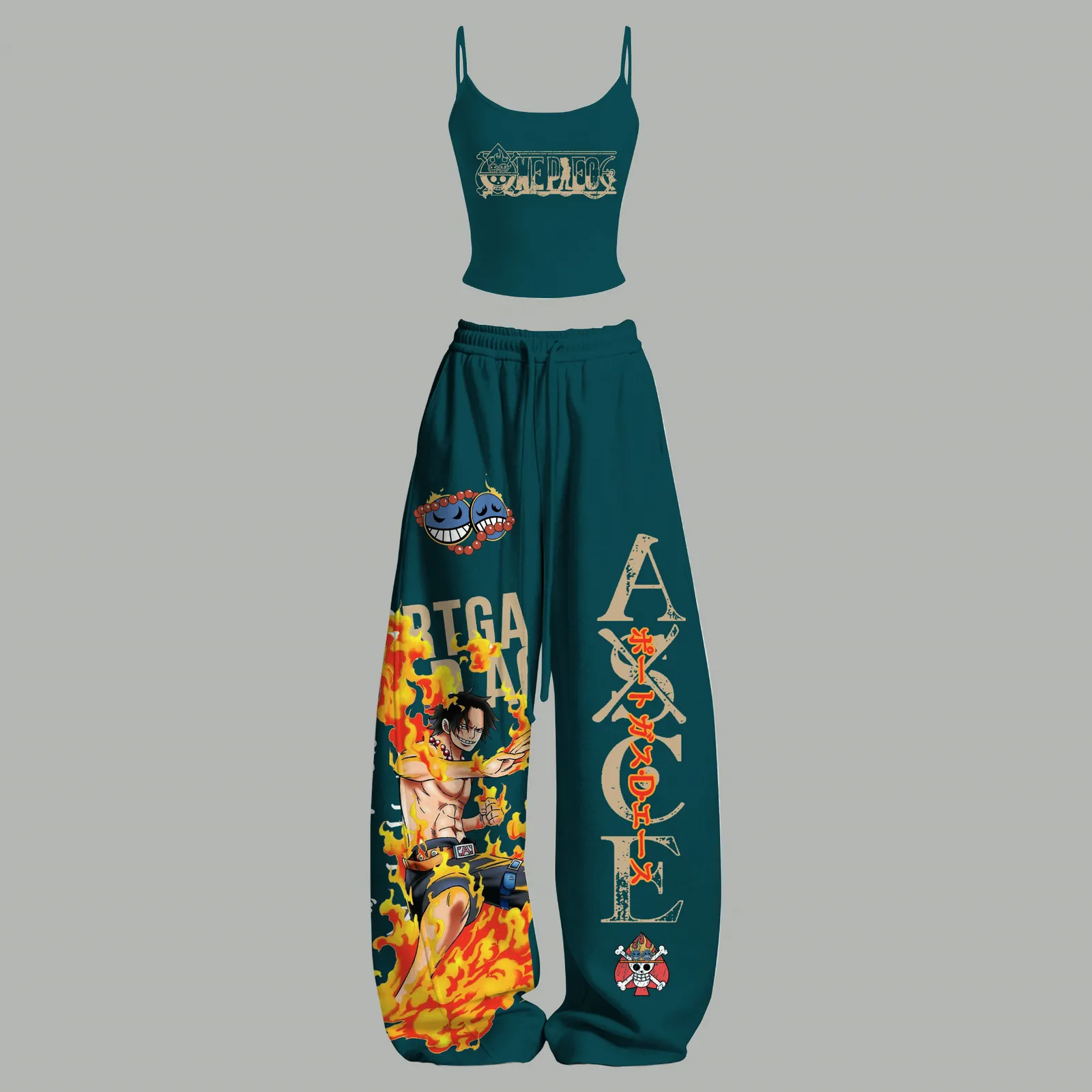 One Piece Portgas D. Ace Cami Crop Top and Wide Leg Trousers Two-Piece Set, Women's Teal Fire Fist Anime Lounge Outfit, Matching Set